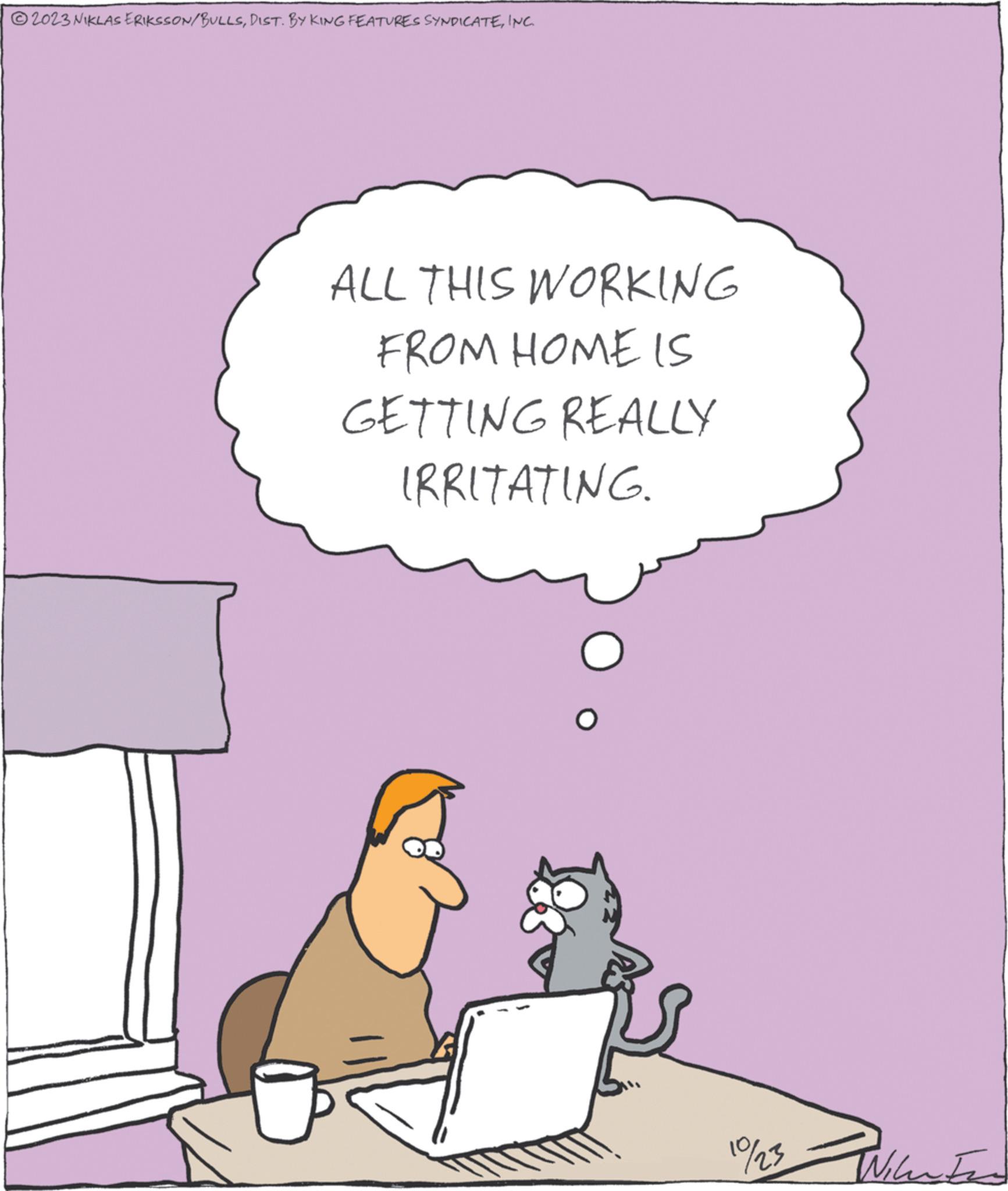 Illustration OCR: ?2023 NIKLAS ERIKSSON/BULLSINC. ALL THIS WORKING FROM HOME IS GETTING REALLY IRRITATING. 10/23 Wikend ?2023 NIKLAS ERIKSSON / BULLSDIST . BY KING FEATURES SYNDICATEINC . ALL THIS WORKING FROM HOME IS GETTING REALLY IRRITATING . 10/23 Wikend