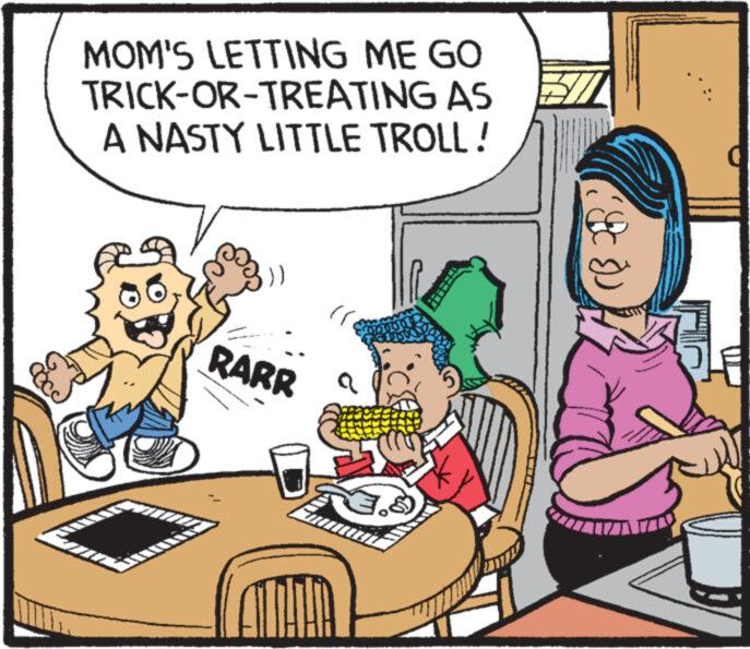 Illustration OCR: dece MOM'S LETTING ME GO TRICK-OR-TREATING AS A NASTY LITTLE TROLL! RARR HA (PCD)) dece MOM'S LETTING ME GO TRICK - OR - TREATING AS A NASTY LITTLE TROLL ! RARR HA ( PCD ) )