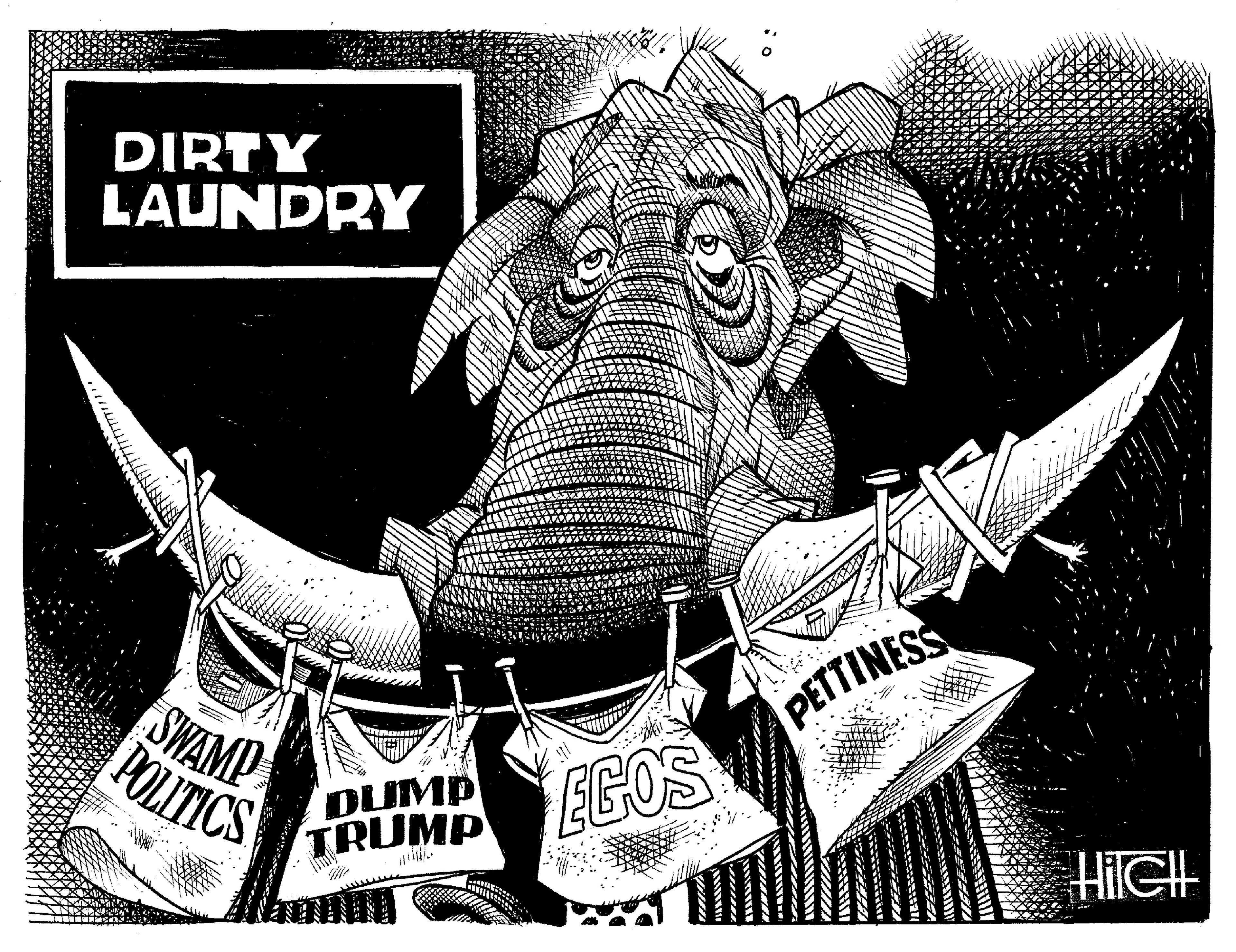 Monochrome OCR: DIRTY LAUNDRY SWAMP POLITICS DUMP TRUMP EGOS PETTINESS HiGH DIRTY LAUNDRY SWAMP POLITICS DUMP TRUMP EGOS PETTINESS HiGH