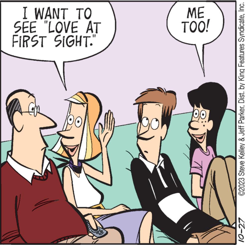 Gesture OCR: 10-27 00 FIRST SIGHT." SEE "LOVE AT I WANT TO TOO! ME ©2023 Steve Kelley & Jeff ParkerInc. 10-27 00 FIRST SIGHT . " SEE " LOVE AT I WANT TO TOO ! ME © 2023 Steve Kelley & Jeff ParkerDist . by King Features Syndicate