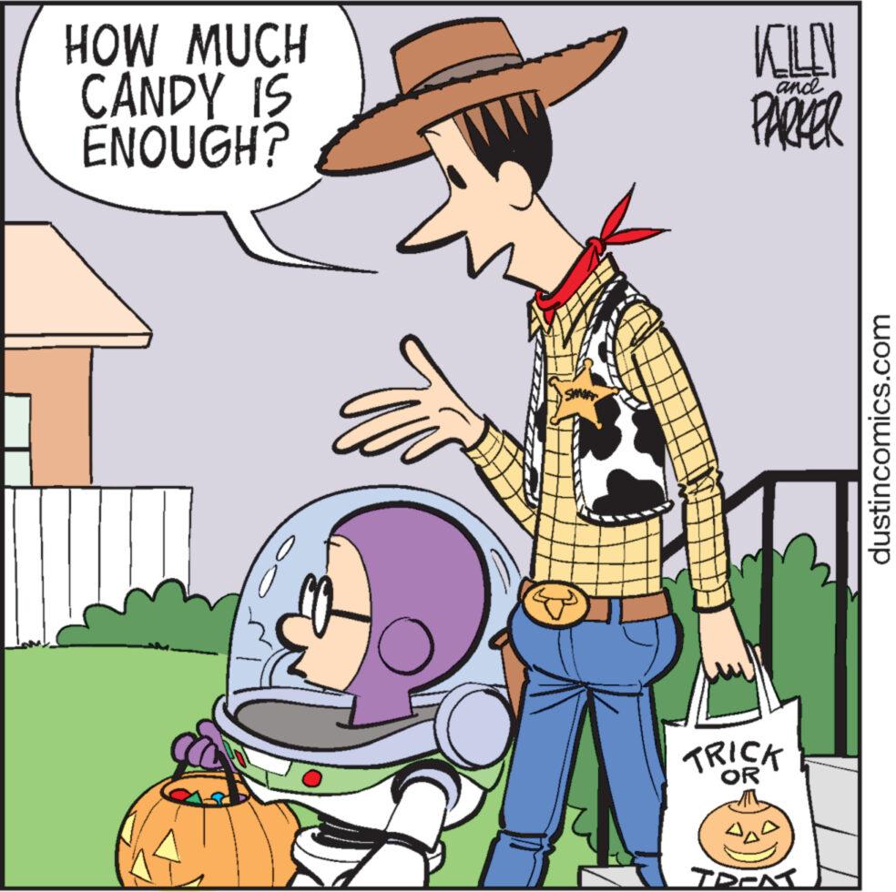 Fictional character OCR: HOW MUCH CANDY IS ENOUGH? U SAMAR KILN PARKER TRICK OR Do TREAT dustincomics.com HOW MUCH CANDY IS ENOUGH ? U SAMAR KILN PARKER TRICK OR Do TREAT dustincomics.com