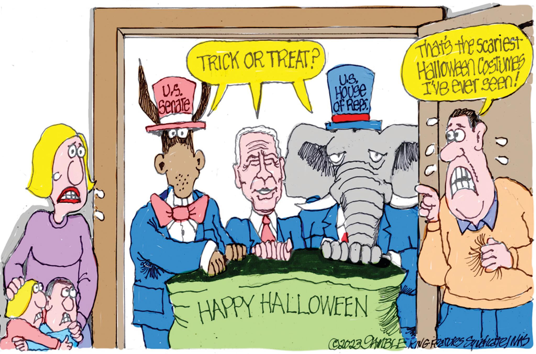 Rectangle OCR: 00 U.S. Senate TRICK OR TREAT? U.S. House of Reps - HAPPY HALLOWEEN That's the scariest Halloween Costumes I've ever seen! ?2023 GAMBLE KING FEATUres Squddilated MAS 00 U.S. Senate TRICK OR TREAT ? U.S. House of Reps - HAPPY HALLOWEEN That's the scariest Halloween Costumes I've ever seen ! ?2023 GAMBLE KING FEATUres Squddilated MAS