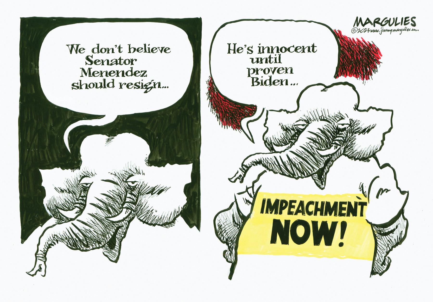 Illustration OCR: We don't believe Senator Menendez should resign... He's innocent until proven Biden... MARGULIES www.jimmymargulies.m IMPEACHMENT NOW! We don't believe Senator Menendez should resign ... He's innocent until proven Biden ... MARGULIES www.jimmymargulies.m IMPEACHMENT NOW !