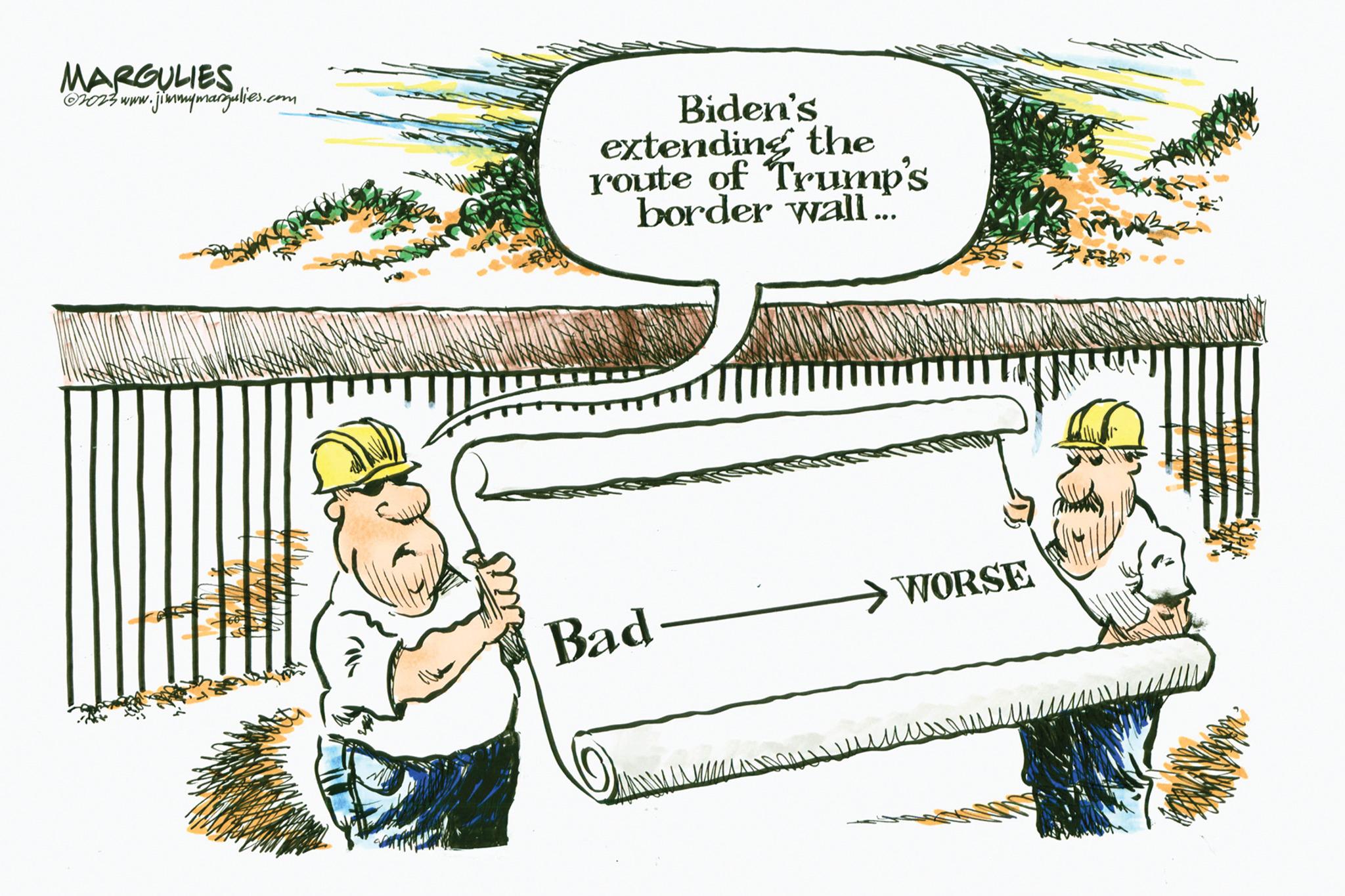 Parallel OCR: MARGULIES ?2023 www. v.jimmymargulies.com Biden's extending the route of Trump's border wall... Bad MAMAN MAN WORSE MARGULIES ?2023 www . v.jimmymargulies.com Biden's extending the route of Trump's border wall ... Bad MAMAN MAN WORSE