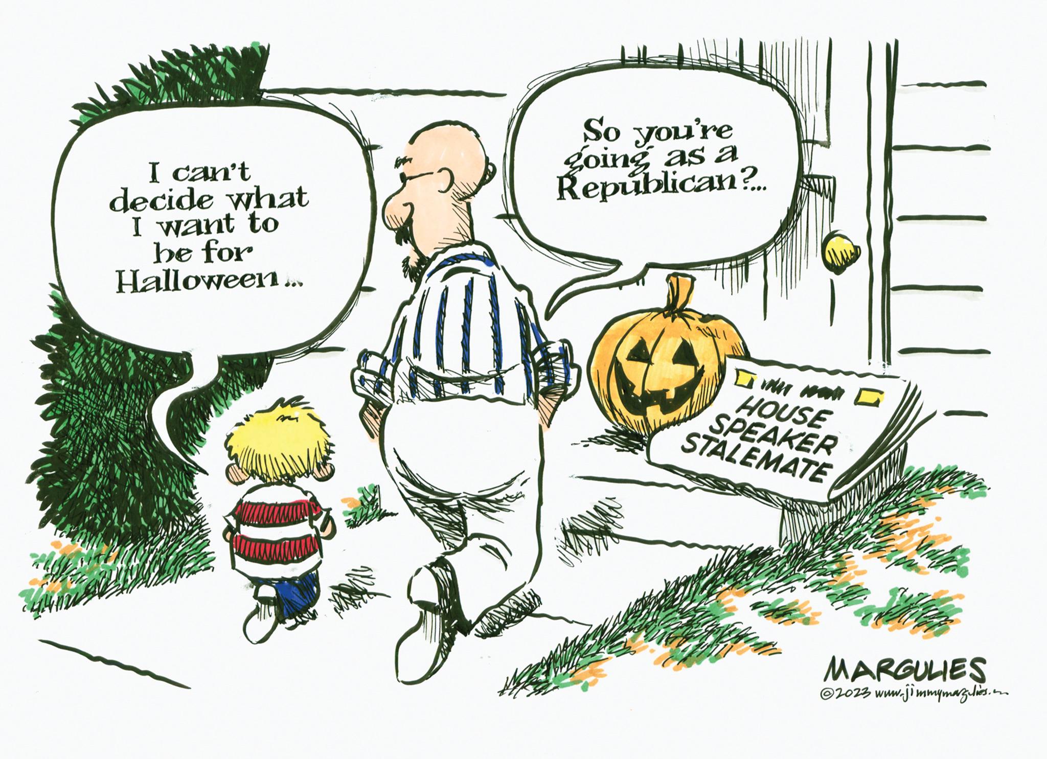 Bicycle OCR: 744122 I can't decide what I want to be for Halloween... So you're going as a Republican?... VI HOUSE SPEAKER STALEMATE MARGULIES @2023 www.jimmymarzelios.com 744122 I can't decide what I want to be for Halloween ... So you're going as a Republican ? ... VI HOUSE SPEAKER STALEMATE MARGULIES @ 2023 www.jimmymarzelios.com