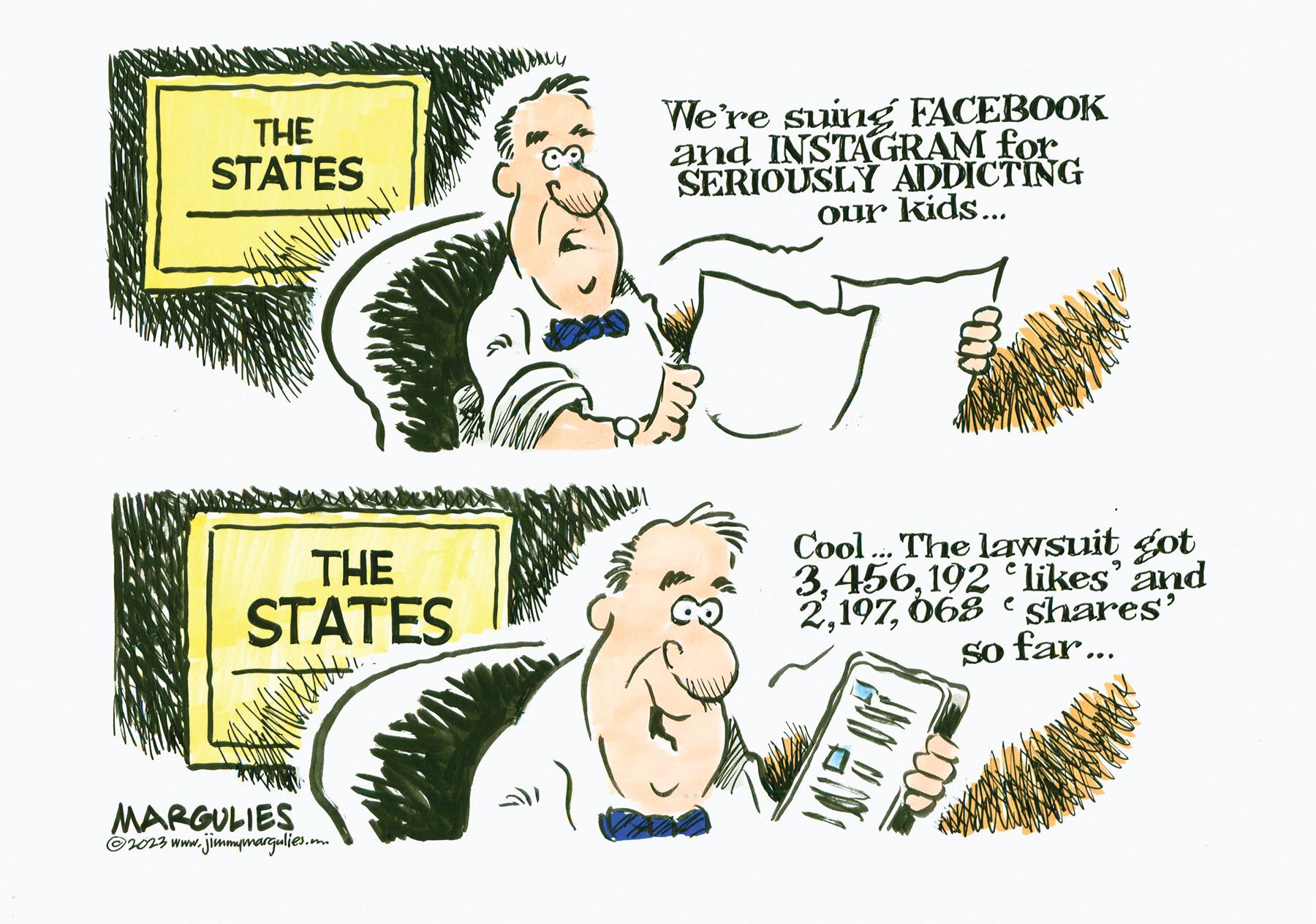 Parallel OCR: THE STATES THE STATES MARGULIES ?2023 www. 1.jimmymargulies.m We're suing FACEBOOK and INSTAGRAM for SERIOUSLY ADDICTING our kids... Cool... The lawsuit got 3192 likes' and 2068shares' so far... AM THE STATES THE STATES MARGULIES ?2023 www . 1.jimmymargulies.m We're suing FACEBOOK and INSTAGRAM for SERIOUSLY ADDICTING our kids ... Cool ... The lawsuit got 3192 likes ' and 2068shares ' so far ... AM