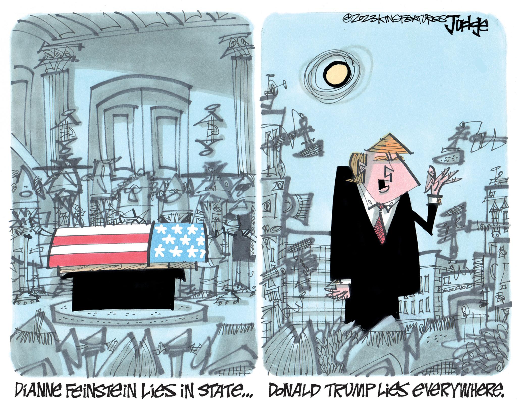 Visual arts OCR: ? ???? ? EZ023KINGFE? H DE ? DIANNE FEINSTEIN LIES IN STATE... DONALD TRUMP Lies EveRYWHERE. ? ?? ? ? ? EZ023KINGFE ? H DE ? DIANNE FEINSTEIN LIES IN STATE ... DONALD TRUMP Lies EveRYWHERE .
