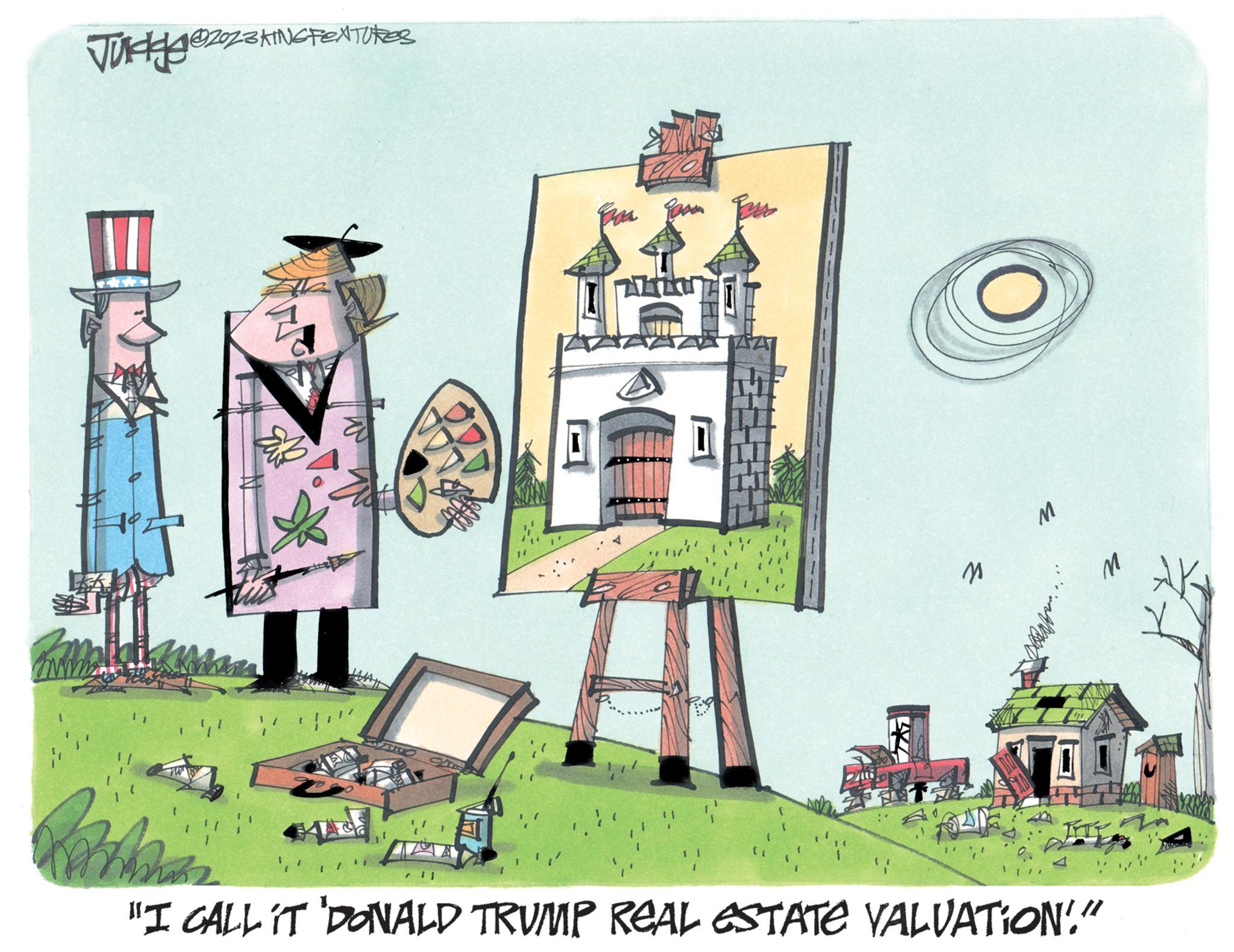 Plant OCR: ?2023 KING FEATURES Vückg@202-3k 11 23 OF 127 E M M Marin "I CALL IT DONALD TRUMP REAL ESTATE VALVATION'." ?2023 KING FEATURES Vückg @ 202-3k 11 23 OF 127 E M M Marin " I CALL IT DONALD TRUMP REAL ESTATE VALVATION ' . "