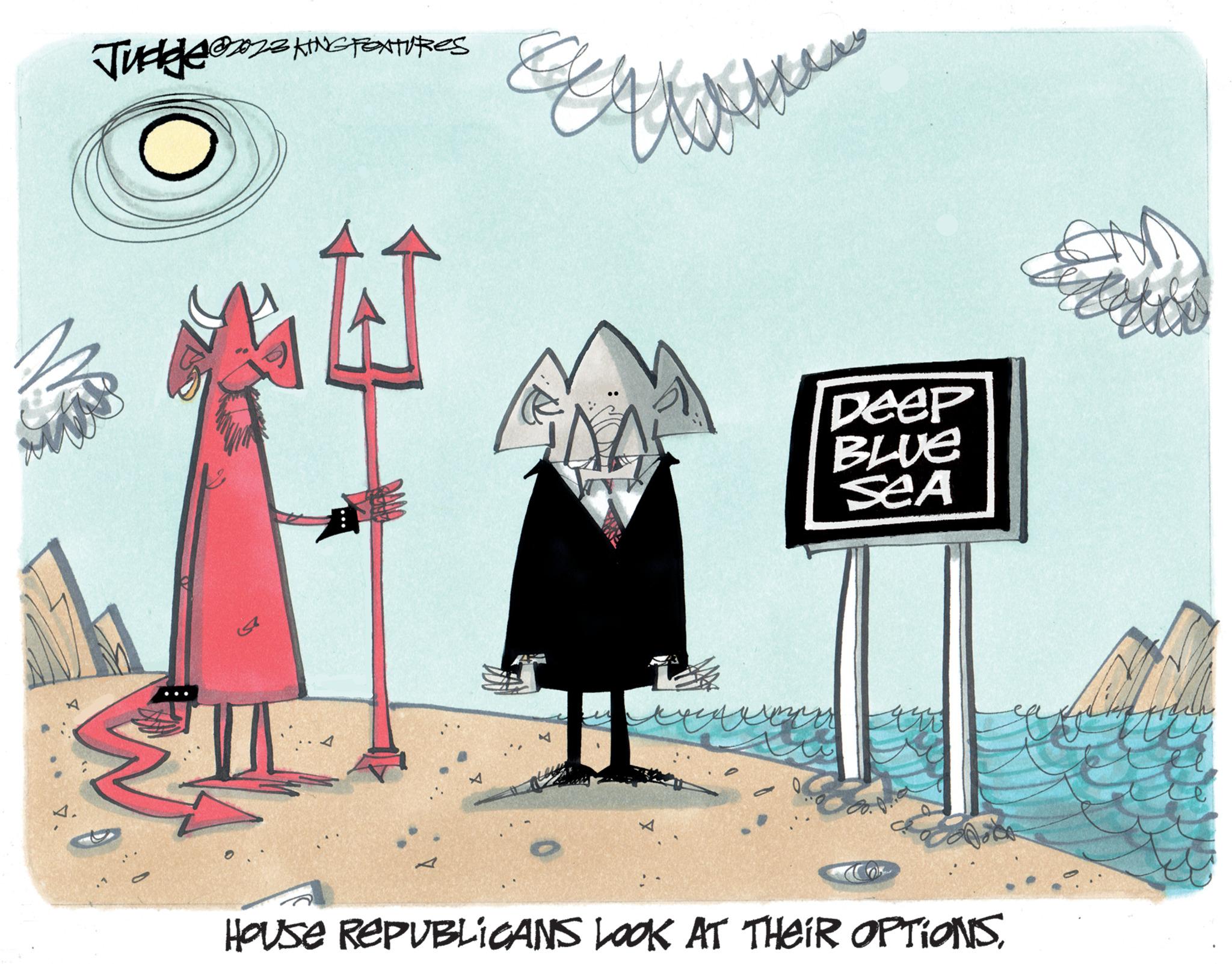 Graphic design OCR: Judge @2023 KING FEATURES y ???? DEEP BLUE SEA 454 House REPUBLICANS LOOK AT THEIR OPTIONSJudge @ 2023 KING FEATURES y ???? DEEP BLUE SEA 454 House REPUBLICANS LOOK AT THEIR OPTIONS