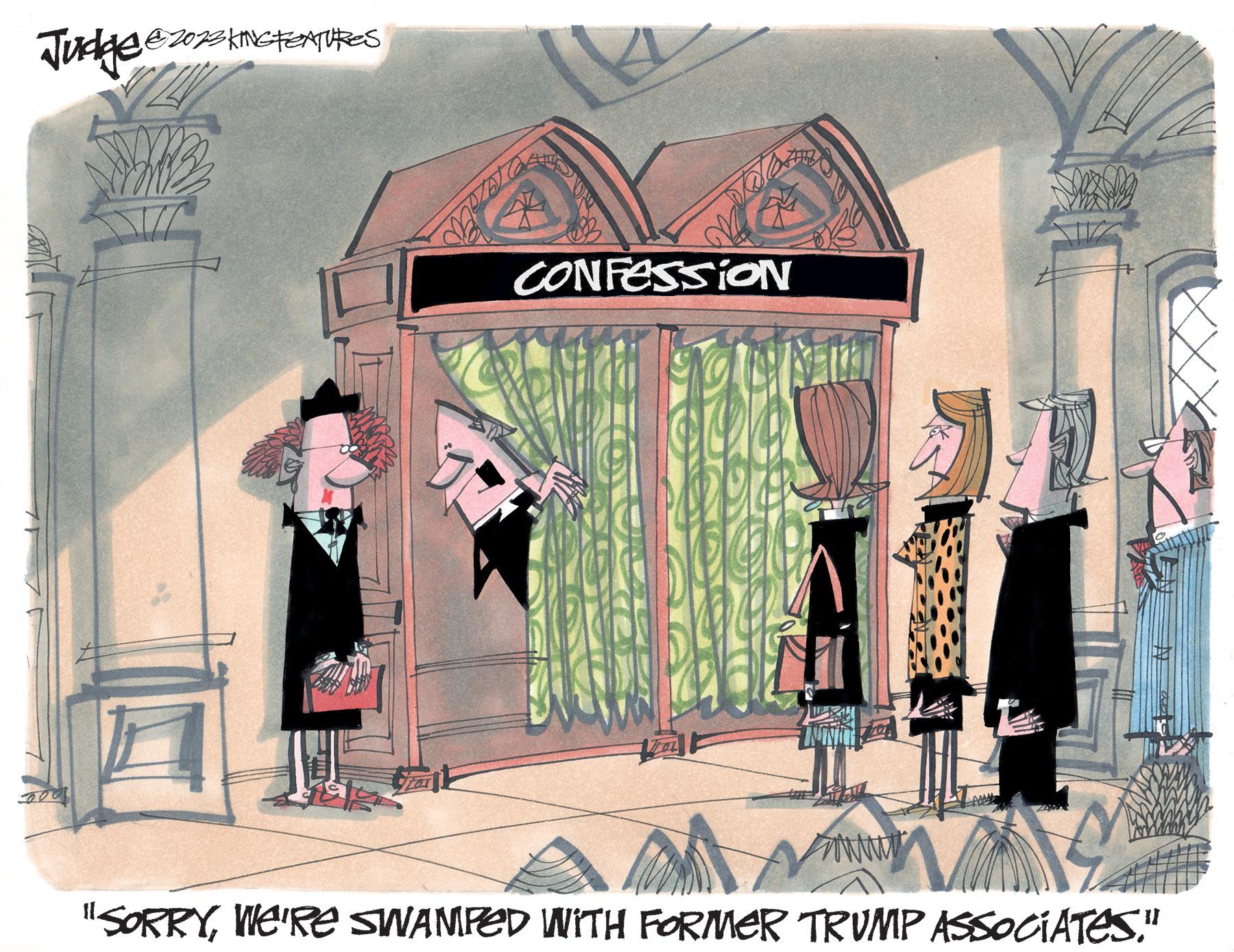Visual arts OCR: 1@2023 KING FEATURES Judgee CONFESSION INIMIC www W "SORRYWE'RE SWAMPED WITH FORMER TRUMP ASSOCIATES." 1 @ 2023 KING FEATURES Judgee CONFESSION INIMIC www W " SORRYWE'RE SWAMPED WITH FORMER TRUMP ASSOCIATES . "