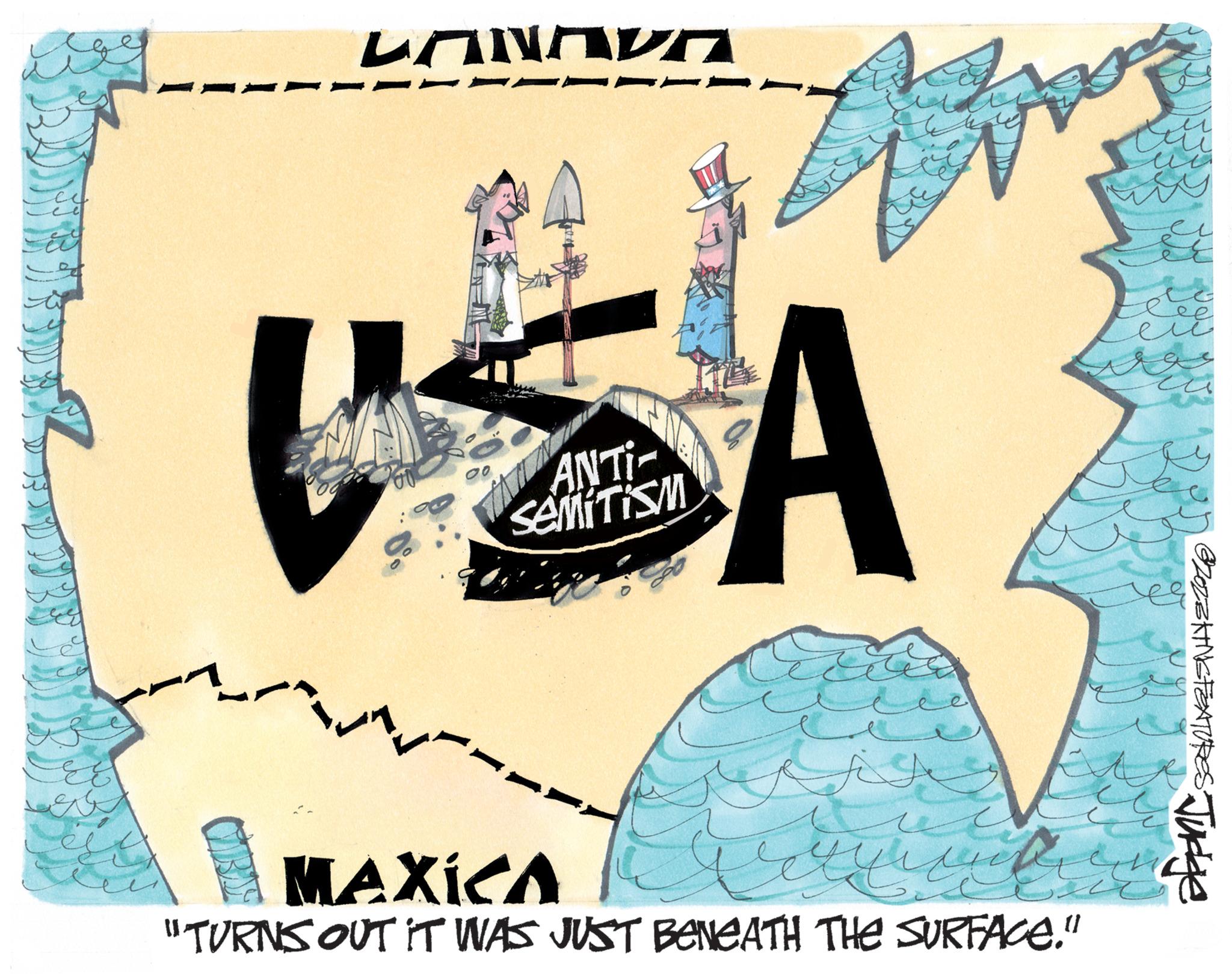Logo OCR: is ey ees LANARA USA ANTI- SEMITISM CIRSS ??? ?? Af MAXICA "TURNS OUT IT WAS JUST BENEATH THE SURFACE." ? t eie OZOL BAING FEATURES Judge is ey ees LANARA USA ANTI SEMITISM CIRSS ??? ?? Af MAXICA " TURNS OUT IT WAS JUST BENEATH THE SURFACE . " ? t eie OZOL BAING FEATURES Judge