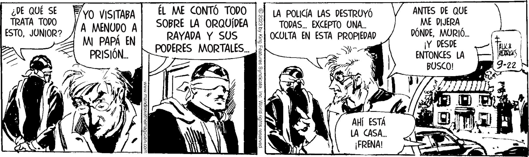 Fictional character OCR: ¿DE QUÉ SE TRATA TODO ESTOJUNIOR? YO VISITABA A MENUDO A MI PAPÁ EN PRISIÓN... ÉL ME CONTÓ TODO SOBRE LA ORQUÍDEA RAYADA Y SUS PODERES MORTALES... LA POLICÍA LAS DESTRUYÓ TODAS... EXCEPTO UNA... OCULTA EN ESTA PROPIEDAD AHÍ ESTÁ LA CASA... ¡FRENA! te ANTES DE QUE ME DIJERA DÓNDEMURIÓ... ¡Y DESDE ENTONCES LA BUSCO! TALK & REDERICKS 9-22 ¿ DE QUÉ SE TRATA TODO ESTOJUNIOR ? YO VISITABA A MENUDO A MI PAPÁ EN PRISIÓN ... ÉL ME CONTÓ TODO SOBRE LA ORQUÍDEA RAYADA Y SUS PODERES MORTALES ... LA POLICÍA LAS DESTRUYÓ TODAS ... EXCEPTO UNA ... OCULTA EN ESTA PROPIEDAD AHÍ ESTÁ LA CASA ... ¡ FRENA ! te ANTES DE QUE ME DIJERA DÓNDEMURIÓ ... ¡ Y DESDE ENTONCES LA BUSCO ! TALK & REDERICKS 9-22