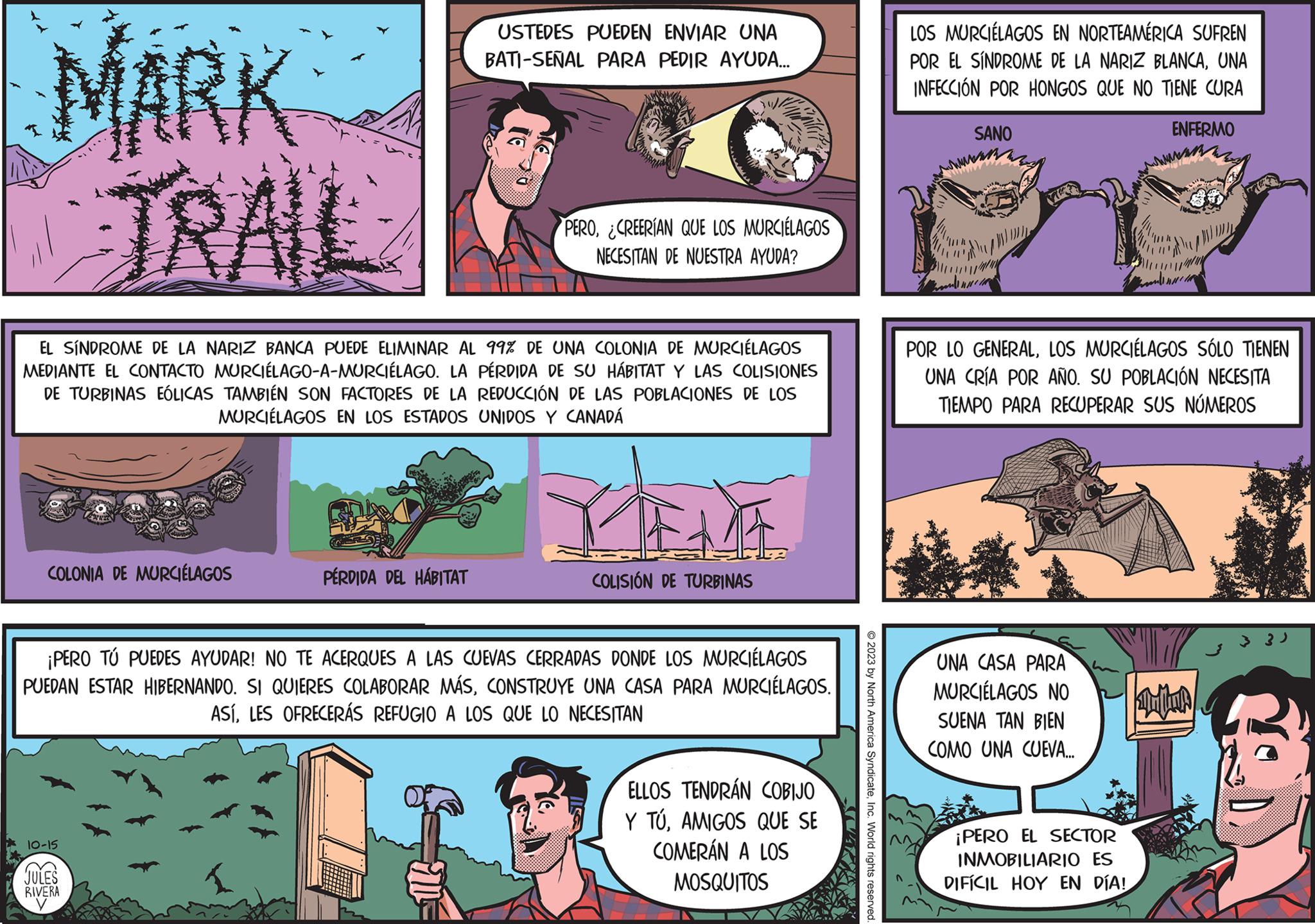 Comics OCR: MARK TRAIL COLONIA DE MURCIÉLAGOS EL SÍNDROME DE LA NARIZ BANCA PUEDE ELIMINAR AL 99% DE UNA COLONIA DE MURCIÉLAGOS MEDIANTE EL CONTACTO MURCIÉLAGO-A-MURCIÉLAGO. LA PÉRDIDA DE SU HÁBITAT Y LAS COLISIONES DE TURBINAS EÓLICAS TAMBIÉN SON FACTORES DE LA REDUCCIÓN DE LAS POBLACIONES DE LOS MURCIÉLAGOS EN LOS ESTADOS UNIDOS Y CANADÁ 10-15 JULES 48 USTEDES PUEDEN ENVIAR UNA BATI-SEÑAL PARA PEDIR AYUDA... PÉRDIDA DEL HÁBITAT RIVERA PEROCREERIAN QUE LOS MURCIÉLAGOS NECESITAN DE NUESTRA AYUDA? ¡PERO TÚ PUEDES AYUDAR! NO TE ACERQUES A LAS CUEVAS CERRADAS DONDE LOS MURCIÉLAGOS PUEDAN ESTAR HIBERNANDO. SI QUIERES COLABORAR MÁSCONSTRUYE UNA CASA PARA MURCIÉLAGOS. ASÍLES OFRECERÁS REFUGIO A LOS QUE LO NECESITAN THEATE COLISIÓN DE TURBINAS ELLOS TENDRÁN COBIJO Y TÚAMIGOS QUE SE COMERÁN A LOS MOSQUITOS © 2023 by North America SyndicateInc. World rights reserved. LOS MURCIÉLAGOS EN NORTEAMÉRICA SUFREN POR EL SÍNDROME DE LA NARIZ BLANCAUNA INFECCIÓN POR HONGOS QUE NO TIENE CURA SANO UNA CASA PARA MURCIÉLAGOS NO SUENA TAN BIEN COMO UNA CUEVA... ENFERMO POR LO GENERALLOS MURCIÉLAGOS SÓLO TIENEN UNA CRÍA POR AÑO. SU POBLACIÓN NECESITA TIEMPO PARA RECUPERAR SUS NÚMEROS ¡PERO EL SECTOR INMOBILIARIO ES DIFÍCIL HOY EN DÍA! Th 3 3 ) MARK TRAIL COLONIA DE MURCIÉLAGOS EL SÍNDROME DE LA NARIZ BANCA PUEDE ELIMINAR AL 99 % DE UNA COLONIA DE MURCIÉLAGOS MEDIANTE EL CONTACTO MURCIÉLAGO - A - MURCIÉLAGO . LA PÉRDIDA DE SU HÁBITAT Y LAS COLISIONES DE TURBINAS EÓLICAS TAMBIÉN SON FACTORES DE LA REDUCCIÓN DE LAS POBLACIONES DE LOS MURCIÉLAGOS EN LOS ESTADOS UNIDOS Y CANADÁ 10-15 JULES 48 USTEDES PUEDEN ENVIAR UNA BATI - SEÑAL PARA PEDIR AYUDA ... PÉRDIDA DEL HÁBITAT RIVERA PEROCREERIAN QUE LOS MURCIÉLAGOS NECESITAN DE NUESTRA AYUDA ? ¡ PERO TÚ PUEDES AYUDAR ! NO TE ACERQUES A LAS CUEVAS CERRADAS DONDE LOS MURCIÉLAGOS PUEDAN ESTAR HIBERNANDO . SI QUIERES COLABORAR MÁSCONSTRUYE UNA CASA PARA MURCIÉLAGOS . ASÍLES OFRECERÁS REFUGIO A LOS QUE LO NECESITAN THEATE COLISIÓN DE TURBINAS ELLOS TENDRÁN COBIJO Y TÚAMIGOS QUE SE COMERÁN A LOS MOSQUITOS © 2023 by North America SyndicateInc. World rights reserved . LOS MURCIÉLAGOS EN NORTEAMÉRICA SUFREN POR EL SÍNDROME DE LA NARIZ BLANCAUNA INFECCIÓN POR HONGOS QUE NO TIENE CURA SANO UNA CASA PARA MURCIÉLAGOS NO SUENA TAN BIEN COMO UNA CUEVA ... ENFERMO POR LO GENERALLOS MURCIÉLAGOS SÓLO TIENEN UNA CRÍA POR AÑO . SU POBLACIÓN NECESITA TIEMPO PARA RECUPERAR SUS NÚMEROS ¡ PERO EL SECTOR INMOBILIARIO ES DIFÍCIL HOY EN DÍA ! Th 3 3 )