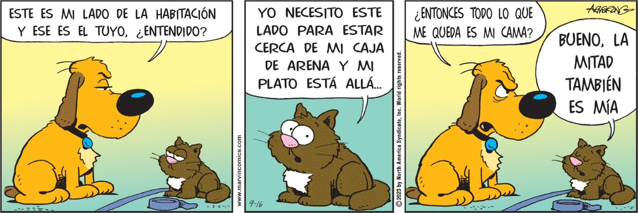 Terrestrial animal OCR: ESTE ES MI LADO DE LA HABITACIÓN Y ESE ES EL TUYOENTENDIDO? .. www.marvincomics.com YO NECESITO ESTE LADO PARA ESTAR CERCA DE MI CAJA DE ARENA Y MI PLATO ESTÁ ALLÁ... 9-16 ?2023 by North America SyndicateInc. World rights reserved. ENTONCES TODO LO QUE ME QUEDA ES MI CAMA? ABVERONG BUENOLA MITAD TAMBIÉN ES MIA ESTE ES MI LADO DE LA HABITACIÓN Y ESE ES EL TUYOENTENDIDO ? .. www.marvincomics.com YO NECESITO ESTE LADO PARA ESTAR CERCA DE MI CAJA DE ARENA Y MI PLATO ESTÁ ALLÁ ... 9-16 ?2023 by North America SyndicateInc. World rights reserved . ENTONCES TODO LO QUE ME QUEDA ES MI CAMA ? ABVERONG BUENOLA MITAD TAMBIÉN ES MIA