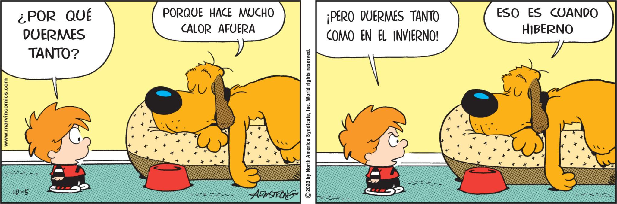 Terrestrial animal OCR: www.marvincomics.com ¿POR QUÉ DUERMES TANTO? 10-5 PORQUE HACE MUCHO CALOR AFUERA ARMSTRONG ?2023 by North America SyndicateInc. World rights reserved. ¡PERO DUERMES TANTO COMO EN EL INVIERNO! ESO ES CUANDO HIBERNO www.marvincomics.com ¿ POR QUÉ DUERMES TANTO ? 10-5 PORQUE HACE MUCHO CALOR AFUERA ARMSTRONG ?2023 by North America SyndicateInc. World rights reserved . ¡ PERO DUERMES TANTO COMO EN EL INVIERNO ! ESO ES CUANDO HIBERNO