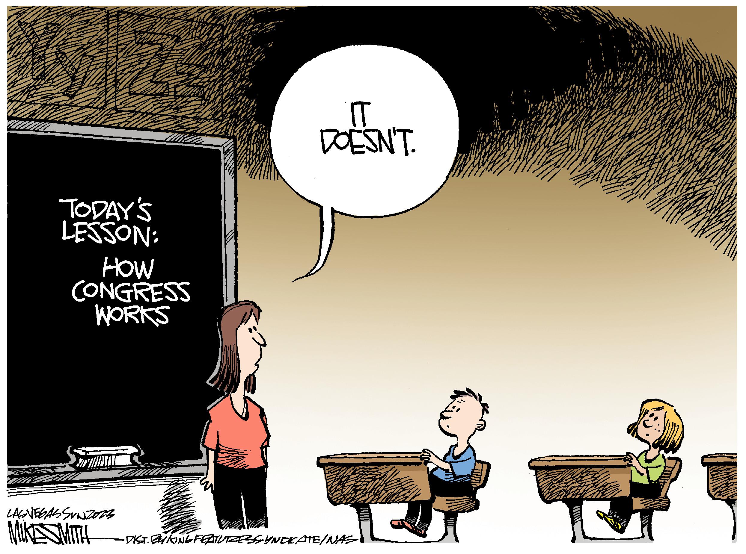Conversation OCR: TODAY'S LESSON: HOW CONGRESS WORKS PRINTI LAGVEGASSUNZORS MIKE SMITH DOESN'T. •DIST. BYKING FEATUTZESSYNDICATE/NAS TODAY'S LESSON : HOW CONGRESS WORKS PRINTI LAGVEGASSUNZORS MIKE SMITH DOESN'T . • DIST . BYKING FEATUTZESSYNDICATE / NAS