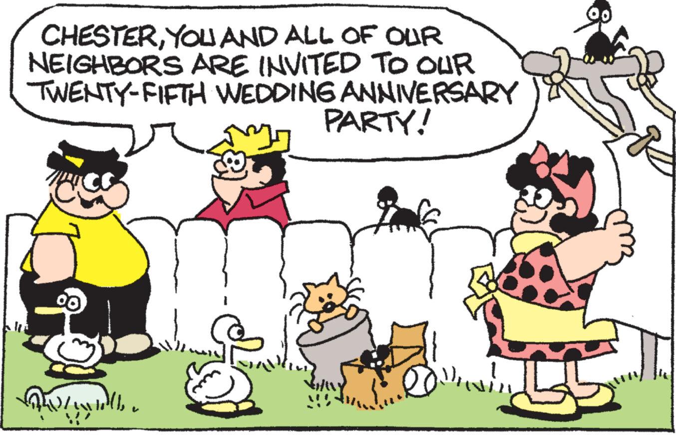 Mammal OCR: CHESTERYOU AND ALL OF OUR NEIGHBORS ARE INVITED TO OUR TWENTY-FIFTH WEDDING ANNIVERSARY PARTY! m Lewelle ROVIN CHESTERYOU AND ALL OF OUR NEIGHBORS ARE INVITED TO OUR TWENTY - FIFTH WEDDING ANNIVERSARY PARTY ! m Lewelle ROVIN