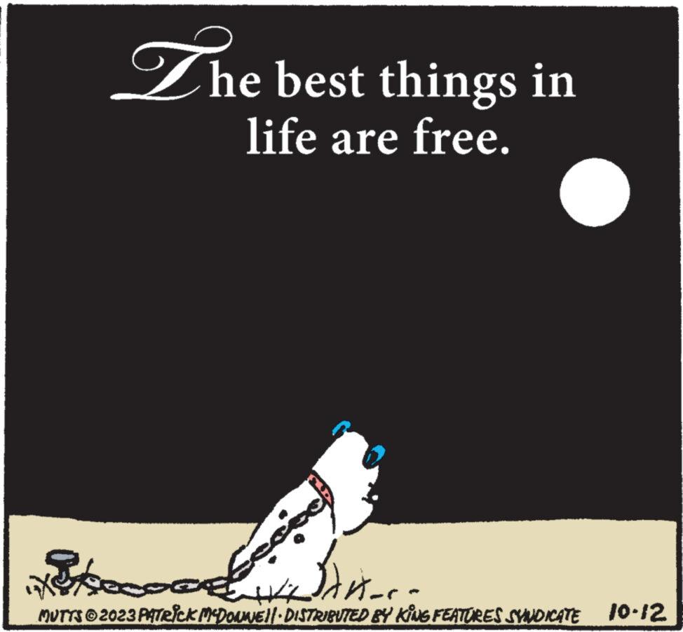 Terrestrial animal OCR: The best things in life are free. Procon-r= axe MUTTS © 2023 PATRICK MCDONWE!! DISTRIBUTED BY KING FEATURES SYNDICATE 10.12 The best things in life are free . Procon - r = axe MUTTS © 2023 PATRICK MCDONWE !! DISTRIBUTED BY KING FEATURES SYNDICATE 10.12