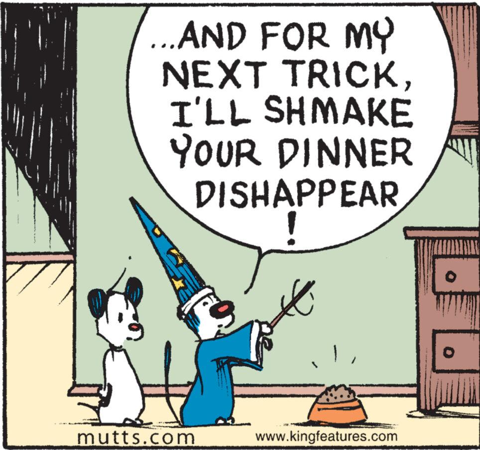 Art OCR: ...AND FOR MY NEXT TRICKI'LL SHMAKE YOUR DINNER DISHAPPEAR ! mutts.com www.kingfeatures.com ... AND FOR MY NEXT TRICKI'LL SHMAKE YOUR DINNER DISHAPPEAR ! mutts.com www.kingfeatures.com