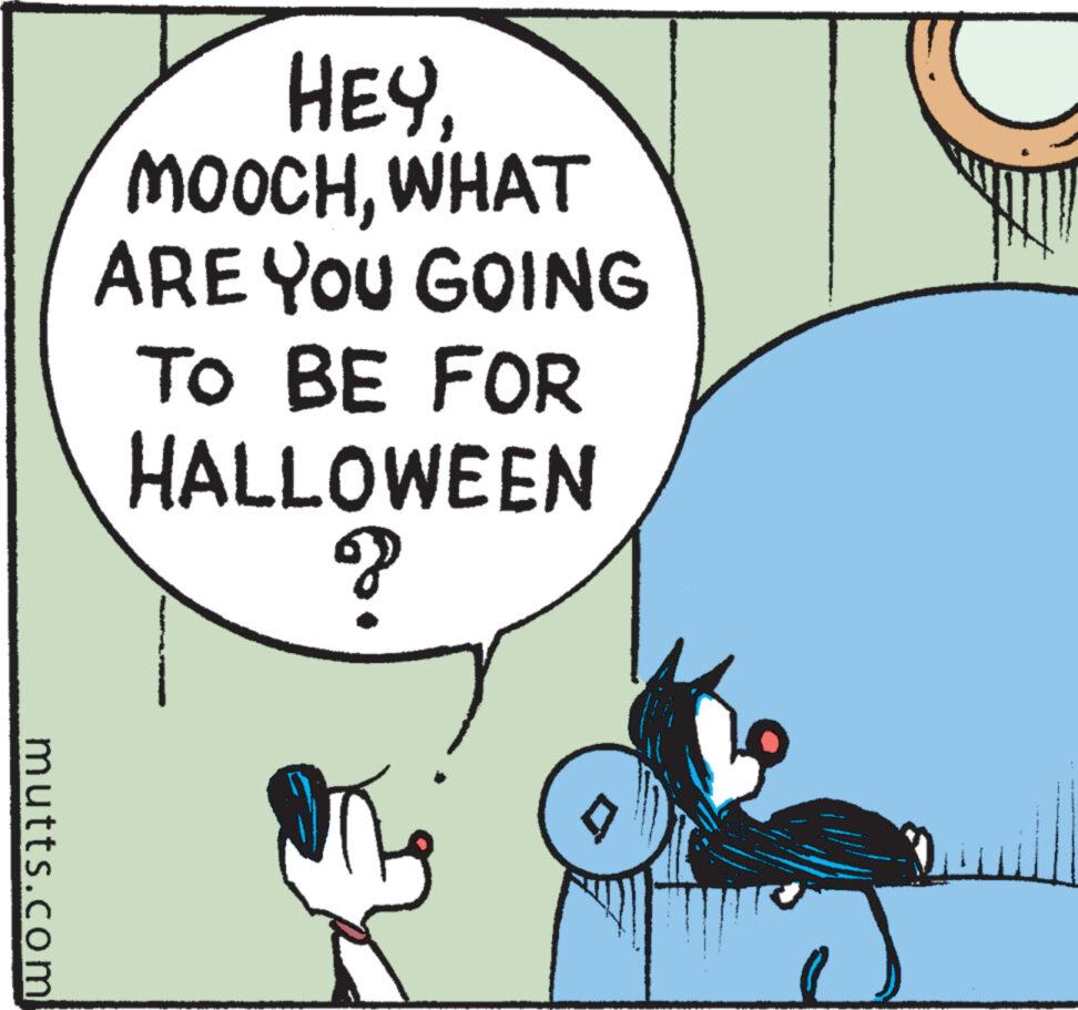 Pleased OCR: mutts.com HEY. MOOCHWHAT ARE YOU GOING TO BE FOR HALLOWEEN ? mutts.com HEY . MOOCHWHAT ARE YOU GOING TO BE FOR HALLOWEEN ?