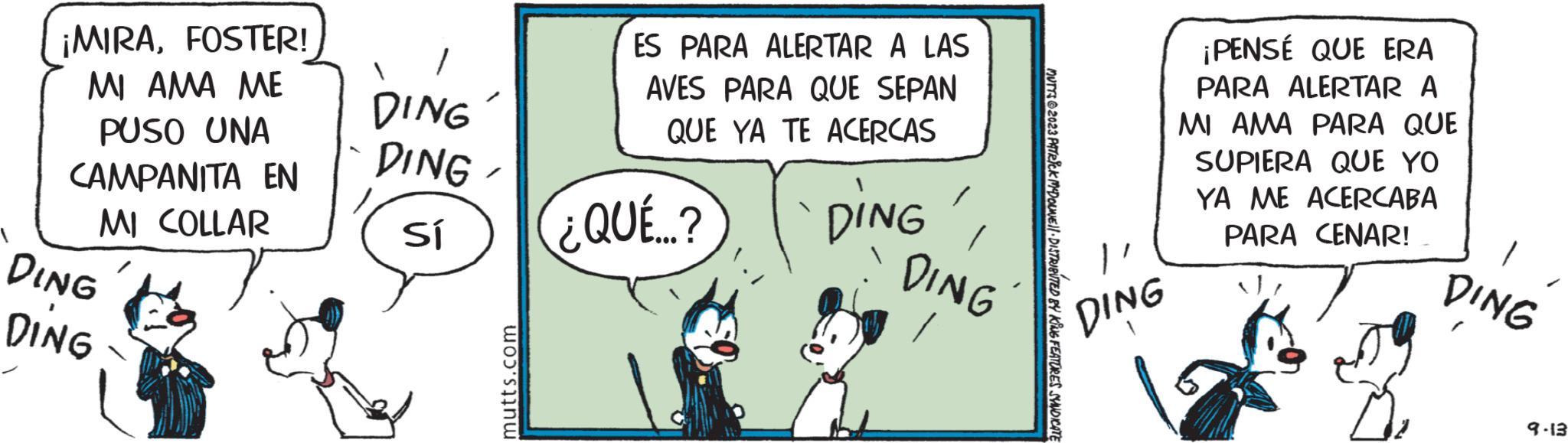Parallel OCR: ¡MIRAFOSTER! MI AMA ME PUSO UNA CAMPANITA ?? MI COLLAR DING DING DING DING- sí mutts.com ES PARA ALERTAR A LAS AVES PARA QUE SEPAN QUE YA TE ACERCAS ¿QUÉ...? DING DING MUTTS © 2023 PATRICK MCDOUWE DISTRIBUTED BY KING FEATURES SYNDICATE DING ¡PENSÉ QUE ERA PARA ALERTAR A MI AMA PARA QUE SUPIERA QUE YO YA ME ACERCABA PARA CENAR! DING 9-13 ¡ MIRAFOSTER ! MI AMA ME PUSO UNA CAMPANITA ?? MI COLLAR DING DING DING DING sí mutts.com ES PARA ALERTAR A LAS AVES PARA QUE SEPAN QUE YA TE ACERCAS ¿ QUÉ ... ? DING DING MUTTS © 2023 PATRICK MCDOUWE DISTRIBUTED BY KING FEATURES SYNDICATE DING ¡ PENSÉ QUE ERA PARA ALERTAR A MI AMA PARA QUE SUPIERA QUE YO YA ME ACERCABA PARA CENAR ! DING 9-13