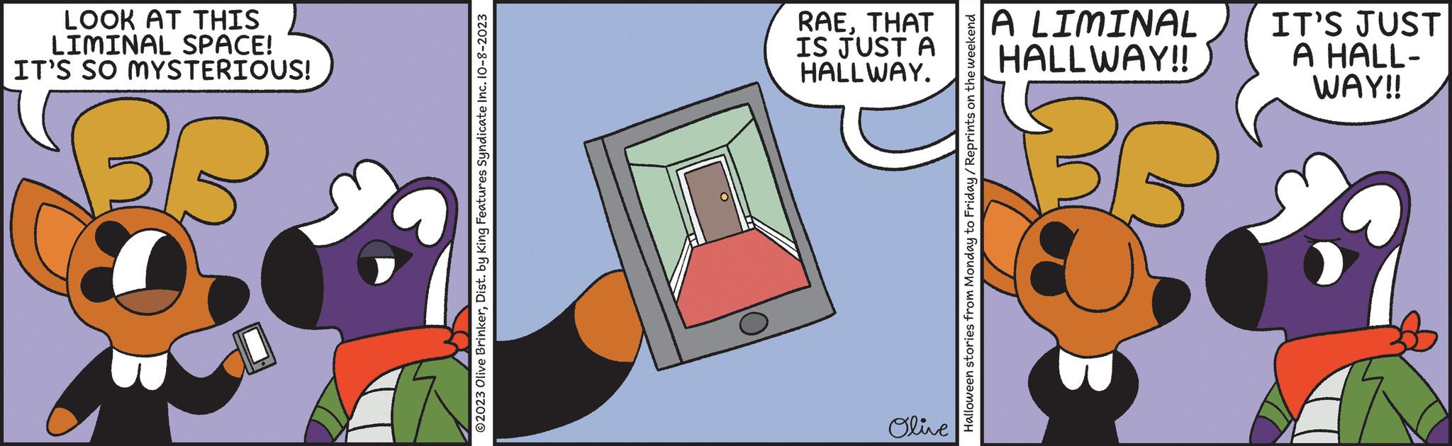 Games OCR: LOOK AT THIS LIMINAL SPACE! IT'S SO MYSTERIOUS! PR ©2023 Olive BrinkerDist. by King Features Syndicate Inc. 10-8-2023 RAETHAT IS JUST A HALLWAY. Olive Halloween stories from Monday to Friday/Reprints on the weekend A LIMINAL HALLWAY!! BB IT'S JUST A HALL- WAY!! LOOK AT THIS LIMINAL SPACE ! IT'S SO MYSTERIOUS ! PR © 2023 Olive BrinkerDist . by King Features Syndicate Inc. 10-8-2023 RAETHAT IS JUST A HALLWAY . Olive Halloween stories from Monday to Friday / Reprints on the weekend A LIMINAL HALLWAY !! BB IT'S JUST A HALL WAY !!