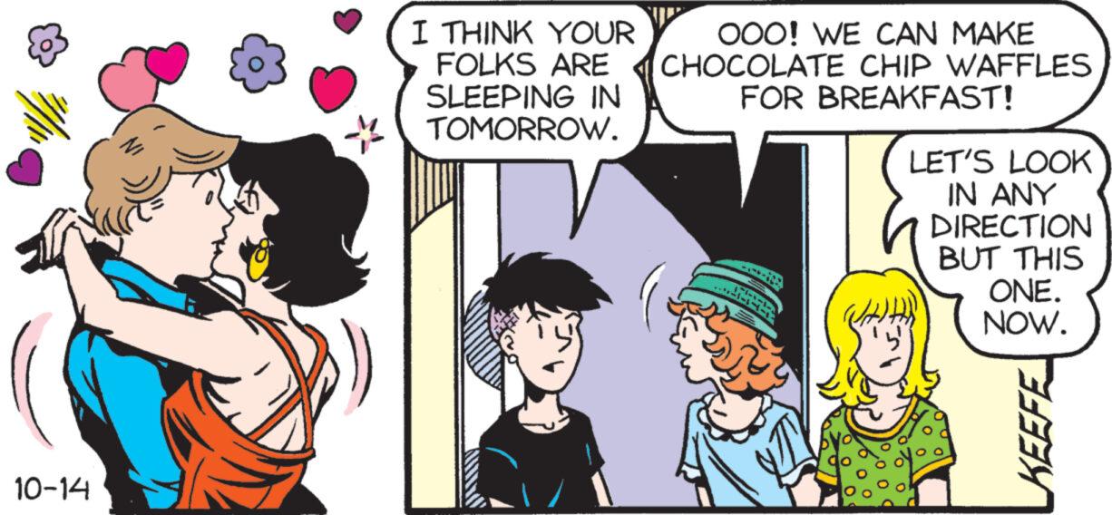 Comic book OCR: 10-14 I THINK YOUR FOLKS ARE SLEEPING IN TOMORROW. ? OOO! WE CAN MAKE CHOCOLATE CHIP WAFFLES FOR BREAKFAST! LET'S LOOK IN ANY DIRECTION BUT THIS ONE. NOW. KEEFE 10-14 I THINK YOUR FOLKS ARE SLEEPING IN TOMORROW . ? OOO ! WE CAN MAKE CHOCOLATE CHIP WAFFLES FOR BREAKFAST ! LET'S LOOK IN ANY DIRECTION BUT THIS ONE . NOW . KEEFE