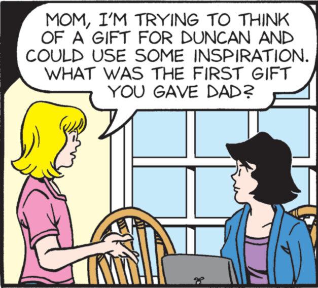 Font OCR: MOMI'M TRYING TO THINK OF A GIFT FOR DUNCAN AND COULD USE SOME INSPIRATION. WHAT WAS THE FIRST GIFT YOU GAVE DAD? MOMI'M TRYING TO THINK OF A GIFT FOR DUNCAN AND COULD USE SOME INSPIRATION . WHAT WAS THE FIRST GIFT YOU GAVE DAD ?