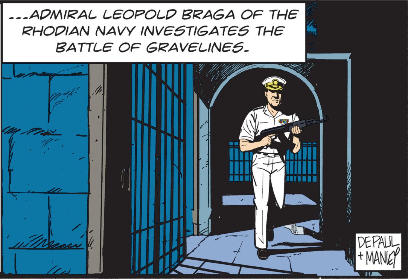 Illustration OCR: ...ADMIRAL LEOPOLD BRAGA OF THE RHODIAN NAVY INVESTIGATES BATTLE OF GRAVELINES. THE OPOMORS Categ J www www. DEPAUL + MANICY ... ADMIRAL LEOPOLD BRAGA OF THE RHODIAN NAVY INVESTIGATES BATTLE OF GRAVELINES . THE OPOMORS Categ J www www . DEPAUL + MANICY