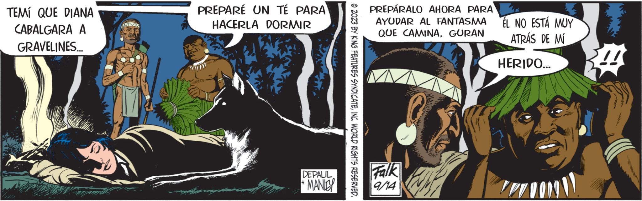 Drawing OCR: TEMÍ QUE DIANA CABALGARA A GRAVELINES... PREPARÉ UN TÉ PARA HACERLA DORMIR DEPAUL + MANLEY © 2023 BY KING FEATURES SYNDICATEINC. WORLD RIGHTS RESERVED. PREPÁRALO AHORA PARA AYUDAR AL FANTASMA ÉL NO ESTÁ MUY QUE CAMINAGURAN ATRÁS DE MÍ Falk 9/14 HERIDO... !! TEMÍ QUE DIANA CABALGARA A GRAVELINES ... PREPARÉ UN TÉ PARA HACERLA DORMIR DEPAUL + MANLEY © 2023 BY KING FEATURES SYNDICATEINC . WORLD RIGHTS RESERVED . PREPÁRALO AHORA PARA AYUDAR AL FANTASMA ÉL NO ESTÁ MUY QUE CAMINAGURAN ATRÁS DE MÍ Falk 9/14 HERIDO ... !!