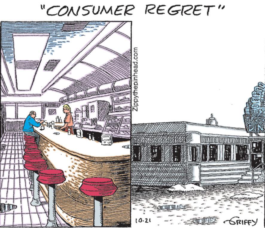 Illustration OCR: "CONSUMER REGRET" spekta PARTI DU Zippythepinhead.com 10.21 B Blan OF MILLE DES- TAGLIE TISE GRIFFY " CONSUMER REGRET " spekta PARTI DU Zippythepinhead.com 10.21 B Blan OF MILLE DES TAGLIE TISE GRIFFY