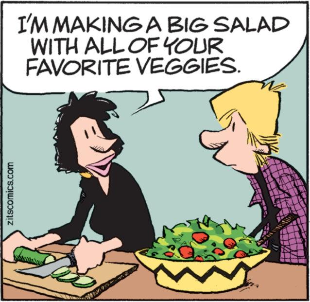 Fruit OCR: zitscomics.com I'M MAKING A BIG SALAD WITH ALL OF YOUR FAVORITE VEGGIES. www ? DS zitscomics.com I'M MAKING A BIG SALAD WITH ALL OF YOUR FAVORITE VEGGIES . www ? DS