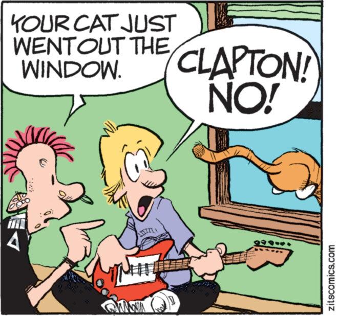 Line OCR: YOUR CAT JUST WENTOUT THE WINDOW. A wwwwww OMA CLAPTON! NO! zitscomics.com YOUR CAT JUST WENTOUT THE WINDOW . A wwwwww OMA CLAPTON ! NO ! zitscomics.com