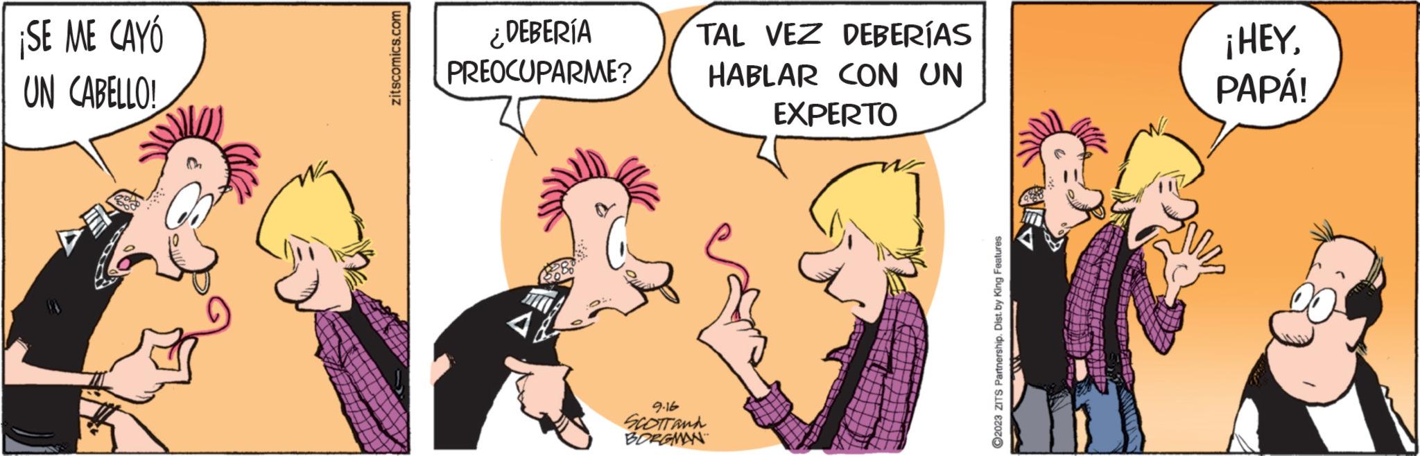 Adaptation OCR: ¡SE ME CAYÓ UN CABELLO! zitscomics.com ¿DEBERÍA PREOCUPARME? TAL VEZ DEBERÍAS HABLAR CON UN EXPERTO 9.16 SCOTTANA BORGMAN ?2023 ZITS Partnership. Dist. by King Features ¡HEYPAPÁ! ¡ SE ME CAYÓ UN CABELLO ! zitscomics.com ¿ DEBERÍA PREOCUPARME ? TAL VEZ DEBERÍAS HABLAR CON UN EXPERTO 9.16 SCOTTANA BORGMAN ?2023 ZITS Partnership . Dist . by King Features ¡ HEYPAPÁ !