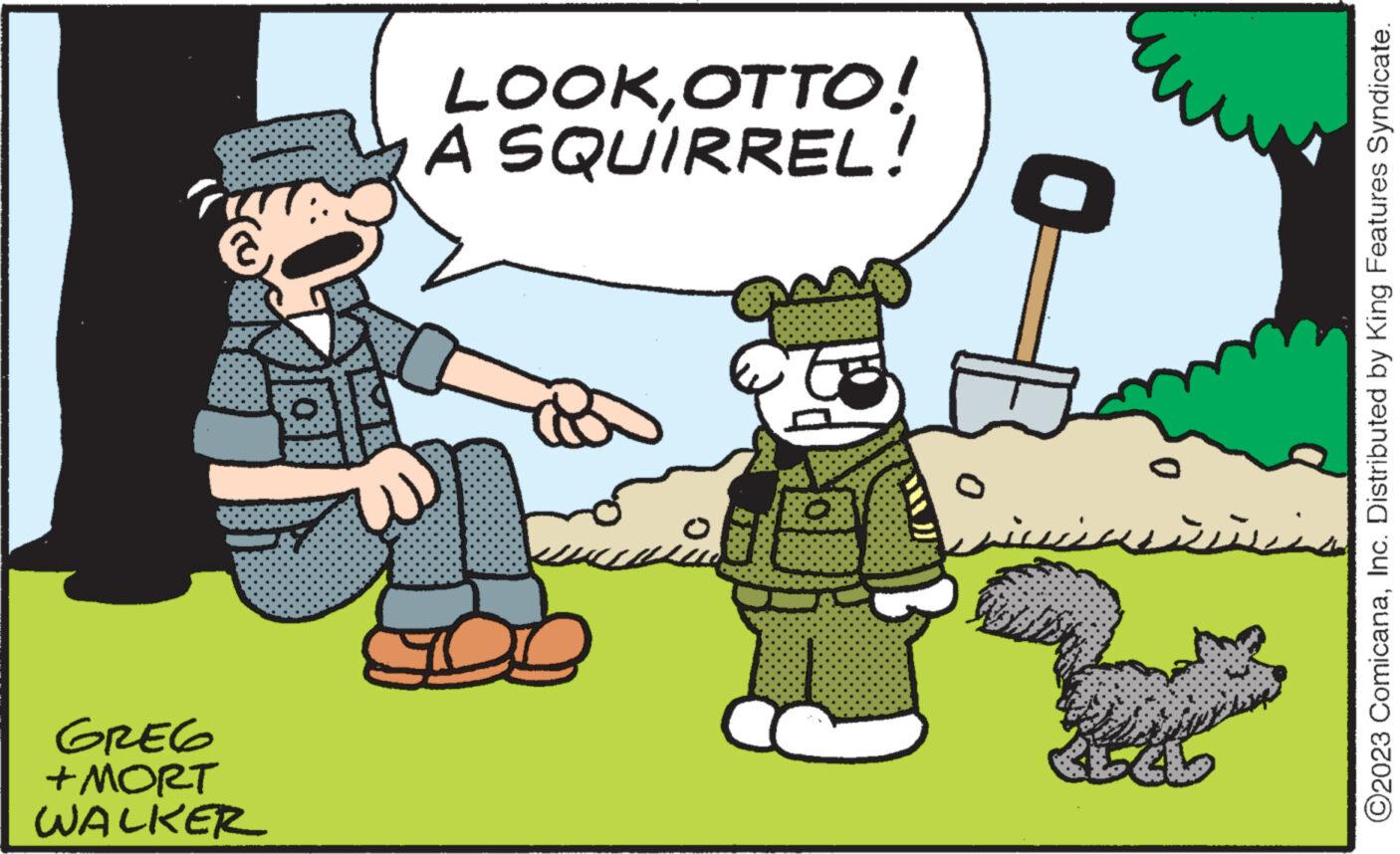 Mode of transport OCR: W Bo 1 GREG +MORT WALKER LOOKOTTO! A SQUIRREL! O 129 ?? ?? ?? ?2023 ComicanaInc. Distributed by King Features Syndicate. W Bo 1 GREG + MORT WALKER LOOKOTTO ! A SQUIRREL ! O 129 ?? ?? ?? ?2023 ComicanaInc. Distributed by King Features Syndicate .