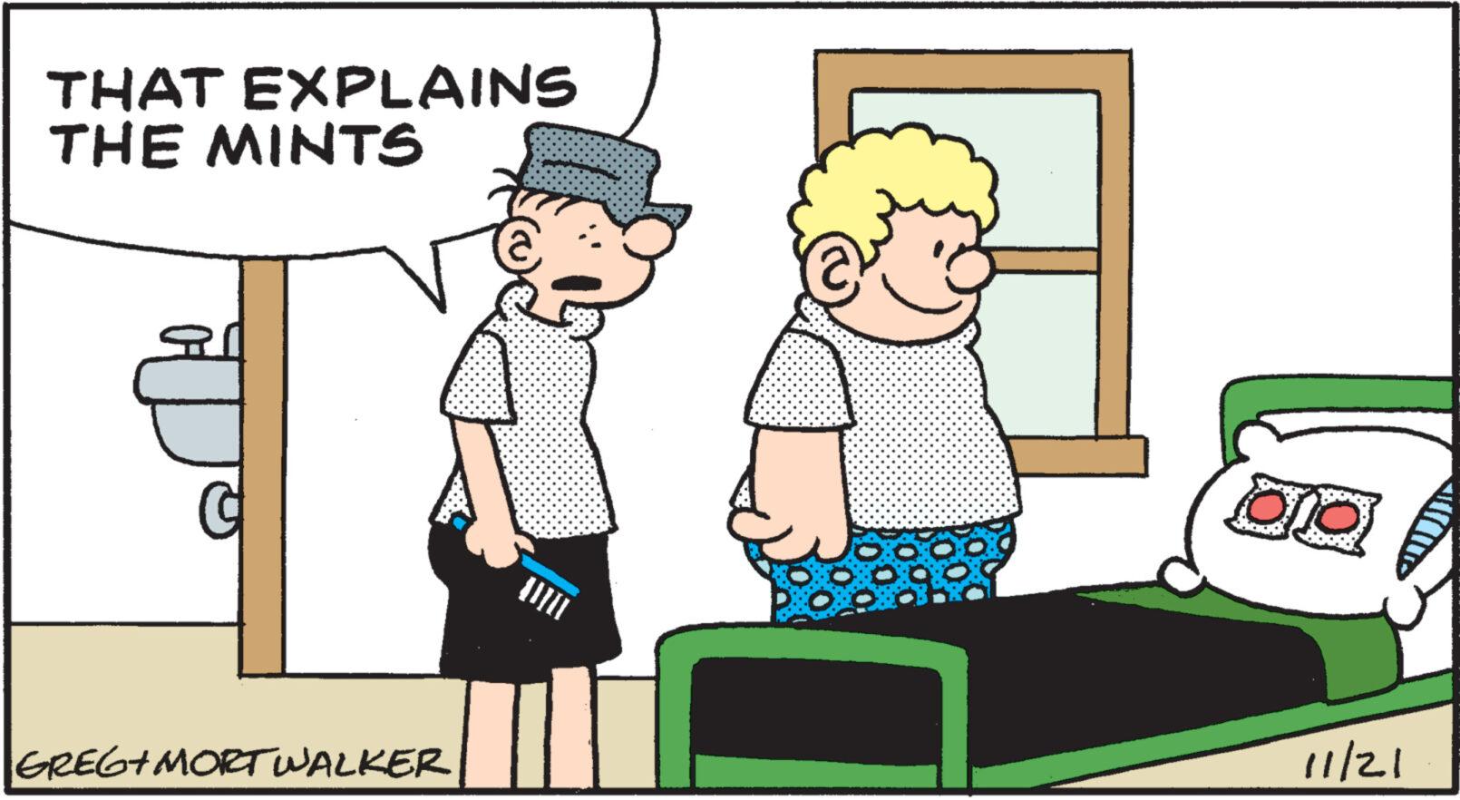 Conversation OCR: THAT EXPLAINS THE MINTS GREG+MORT WALKER Colo 11/21 THAT EXPLAINS THE MINTS GREG + MORT WALKER Colo 11/21