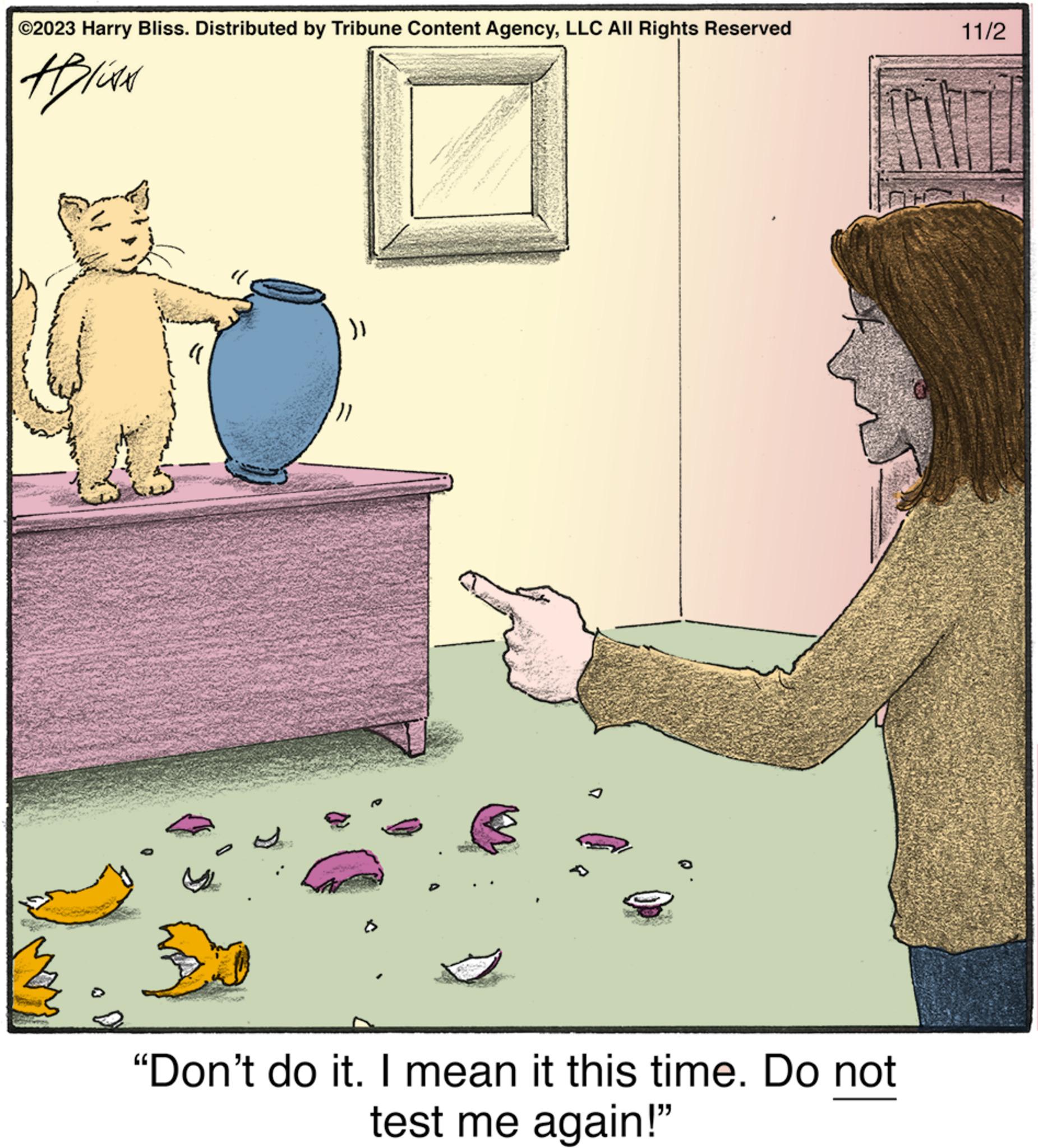 Illustration OCR: ©2023 Harry Bliss. Distributed by Tribune Content AgencyLLC All Rights Reserved Aline )) Agur M "Don't do it. I mean it this time. Do not test me again!" 11/2 1077 © 2023 Harry Bliss . Distributed by Tribune Content AgencyLLC All Rights Reserved Aline ) ) Agur M " Don't do it . I mean it this time . Do not test me again ! " 11/2 1077