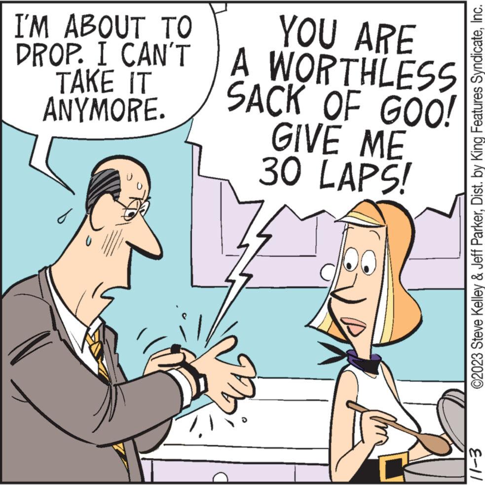 Gesture OCR: I'M ABOUT TO PROP. I CAN'T TAKE IT ANYMORE. YOU ARE A WORTHLESS SACK OF GOO! GIVE ME 30 LAPS! C ©2023 Steve Kelley & Jeff ParkerInc. E-11 I'M ABOUT TO PROP . I CAN'T TAKE IT ANYMORE . YOU ARE A WORTHLESS SACK OF GOO ! GIVE ME 30 LAPS ! C © 2023 Steve Kelley & Jeff ParkerDist . by King Features SyndicateInc. E - 11