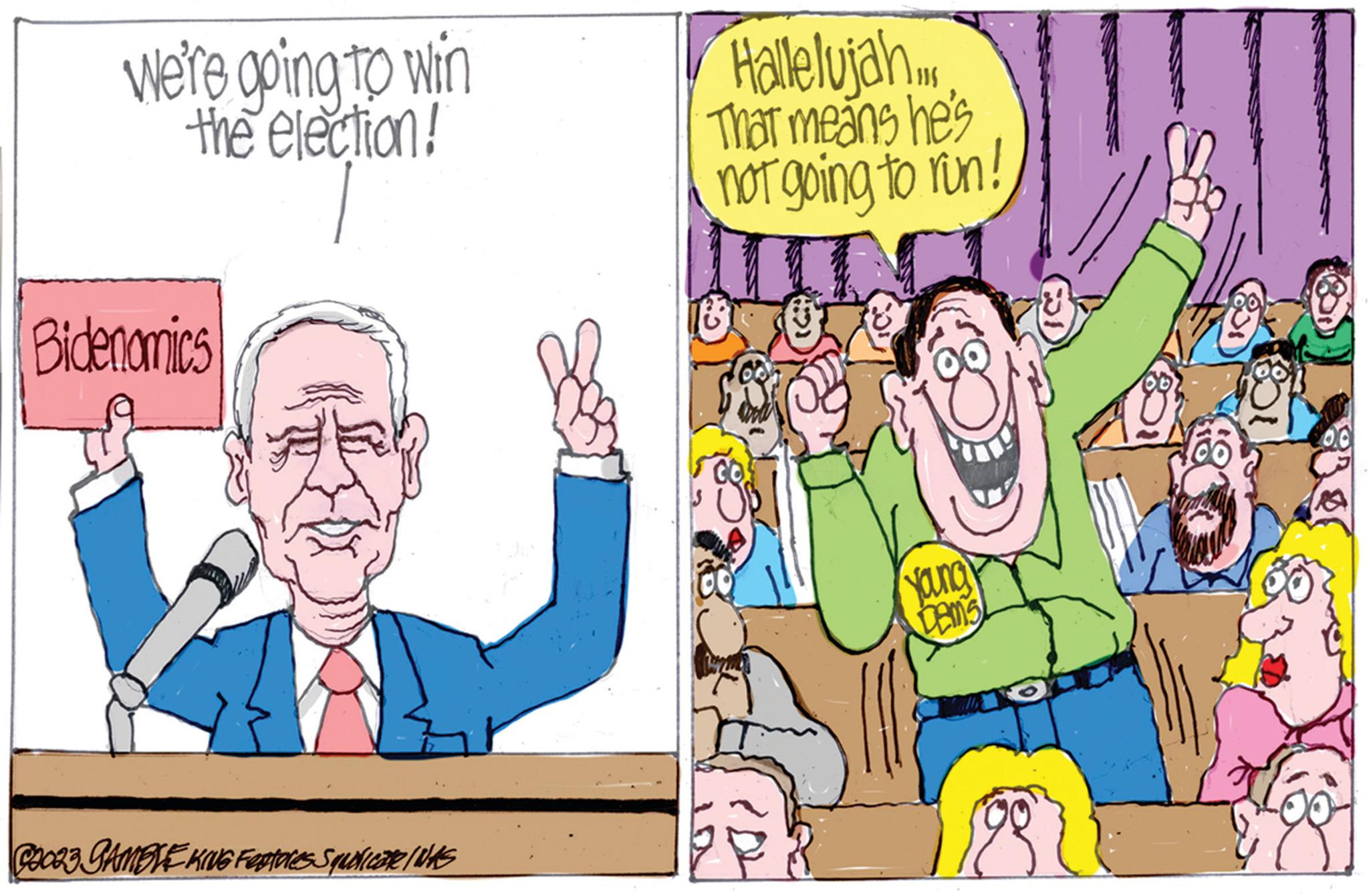 Art OCR: We're going to win the election! Bidenomics C2023 GAMBLE KING Fepotoles Squalicate / WAS 115 Hallelujah That means he's not going to run! CO Young DAMS We're going to win the election ! Bidenomics C2023 GAMBLE KING Fepotoles Squalicate / WAS 115 Hallelujah That means he's not going to run ! CO Young DAMS