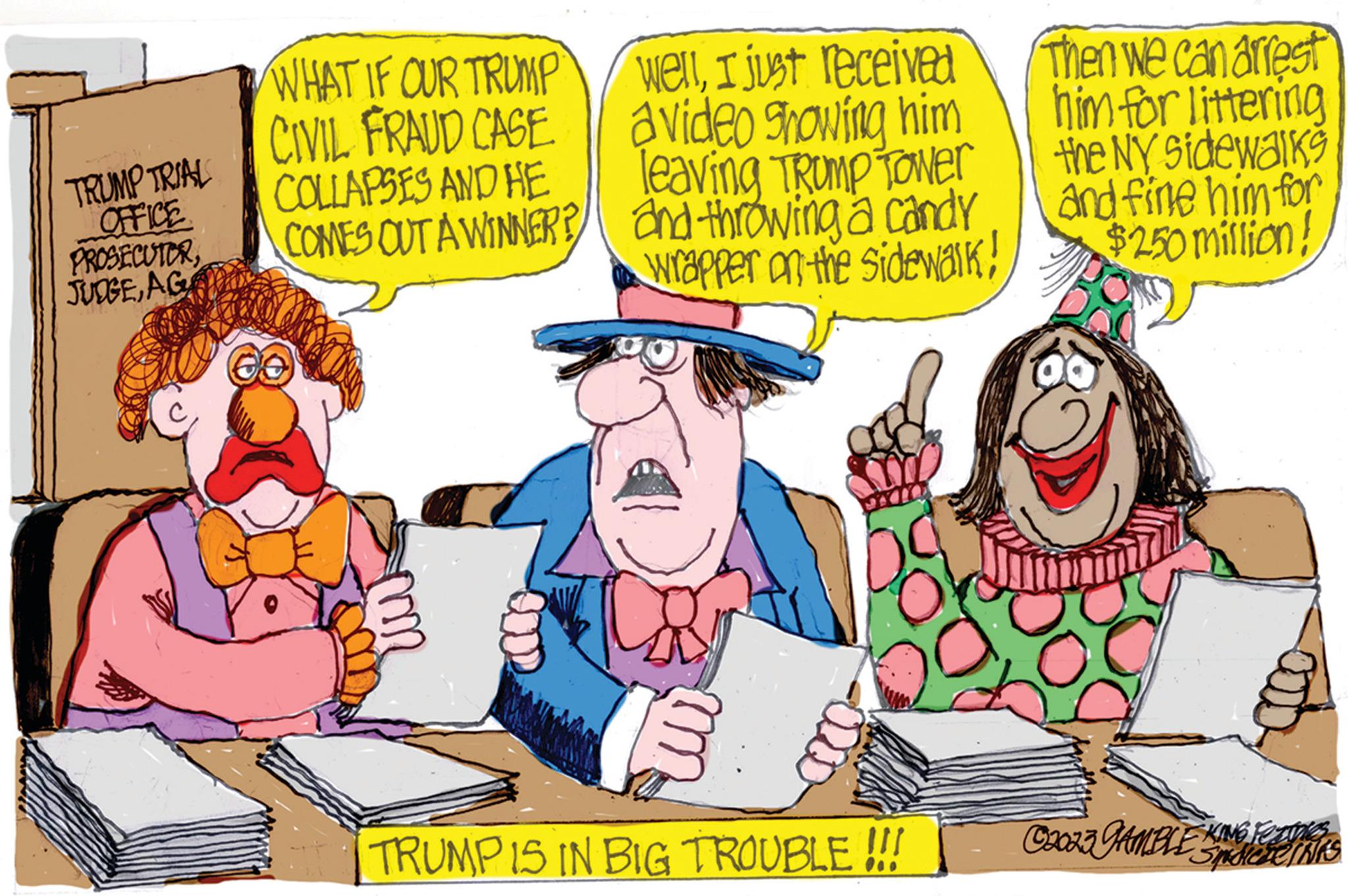 Interaction OCR: TRUMP TRIAL OFFICE PROSECUTERAG WHAT IF OUR TRUMP CIVIL FRAUD CASE COLLAPSES AND HE COMES OUT A WINNER? m WellI just received avideo showing him leaving TRUMP Tower and throwing a candy wrapper on the sidewalk! TRUMP IS IN BIG TROUBLE !!! Then we can arrest him for littering the NY Sidewalks and fine him for $250 million! C2023 GAMBLE KNORRAS KING TRUMP TRIAL OFFICE PROSECUTERAG WHAT IF OUR TRUMP CIVIL FRAUD CASE COLLAPSES AND HE COMES OUT A WINNER ? m WellI just received avideo showing him leaving TRUMP Tower and throwing a candy wrapper on the sidewalk ! TRUMP IS IN BIG TROUBLE !!! Then we can arrest him for littering the NY Sidewalks and fine him for $ 250 million ! C2023 GAMBLE KNORRAS KING