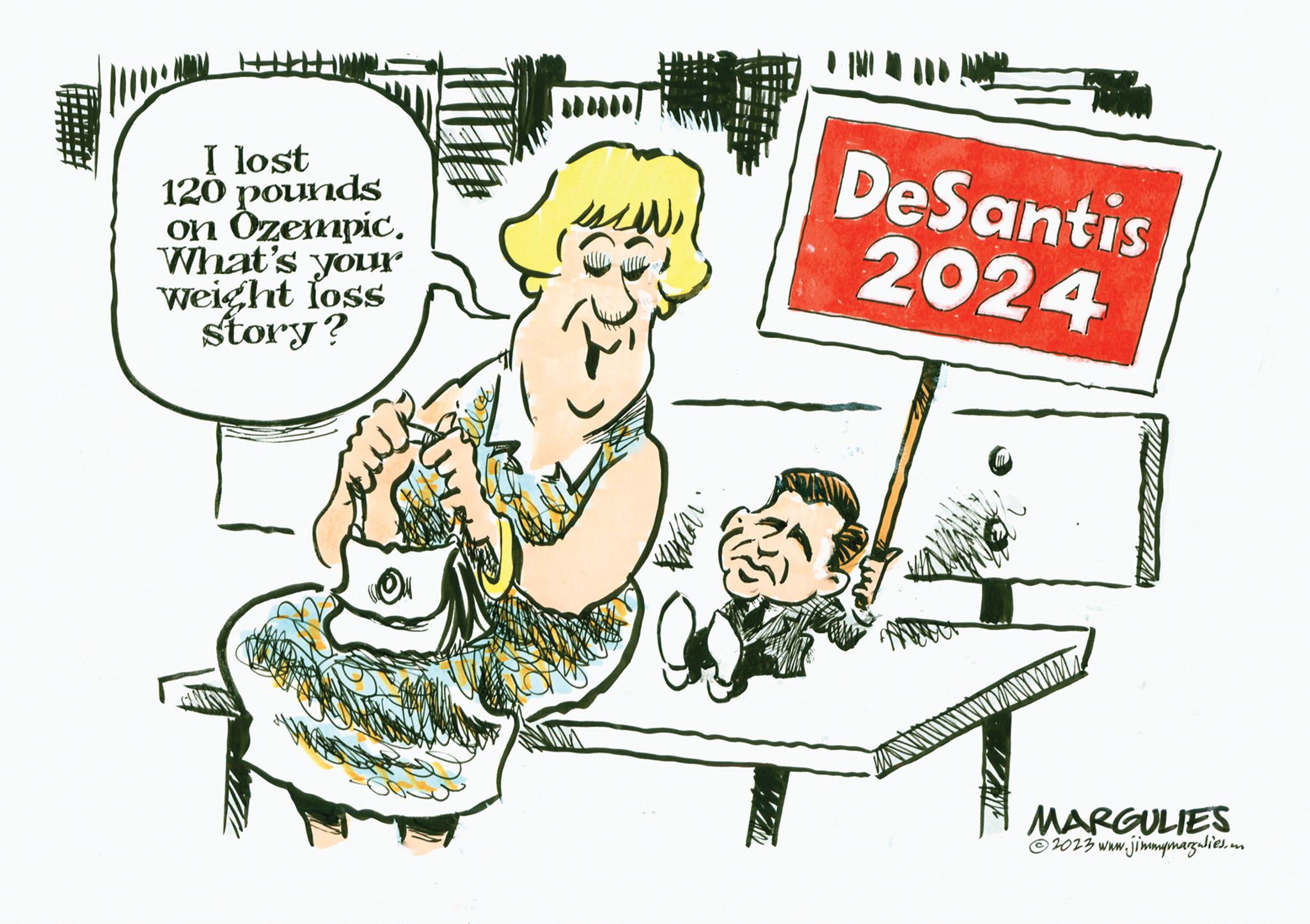Illustration OCR: I lost 120 pounds on Özempic. What's your weight loss story? COM *** DeSantis 2024 MARGULIES ?2023 www.jimmymargulies.un I lost 120 pounds on Özempic . What's your weight loss story ? COM *** DeSantis 2024 MARGULIES ?2023 www.jimmymargulies.un