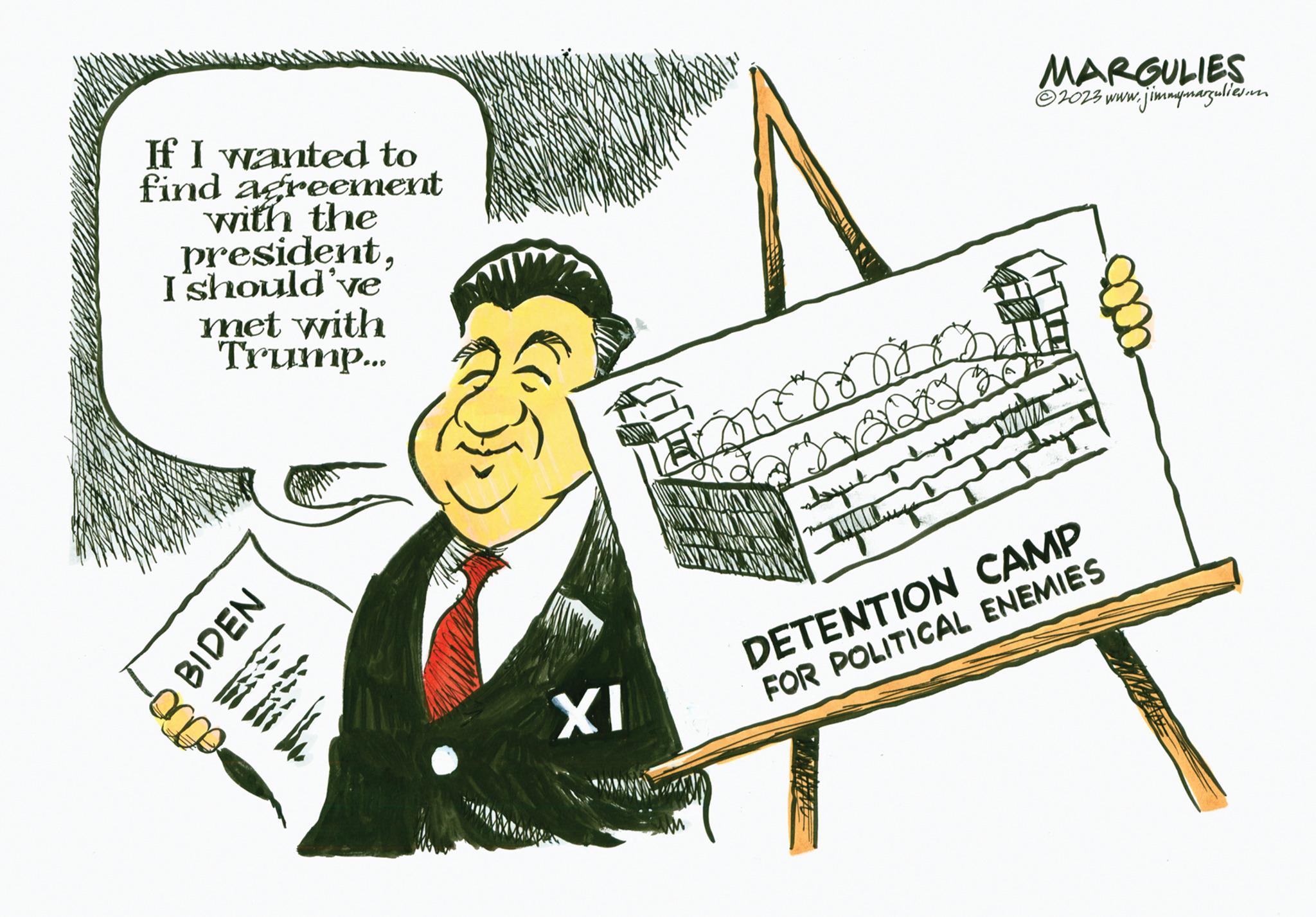 Conversation OCR: If I wanted to find agreement with the presidentI should've met with Trump... BIDEN 0000 XI Farmin CUNGO YAW CONGTAY stay MARGULIES ?2023 www.jimmymarzgulies.m DETENTION CAMP FOR POLITICAL ENEMIES If I wanted to find agreement with the presidentI should've met with Trump ... BIDEN 0000 XI Farmin CUNGO YAW CONGTAY stay MARGULIES ?2023 www.jimmymarzgulies.m DETENTION CAMP FOR POLITICAL ENEMIES