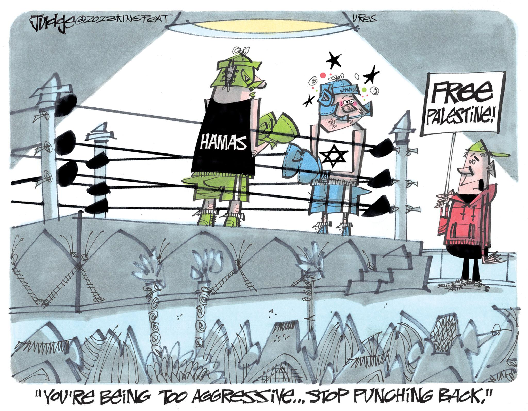Drawing OCR: & www 1@2023KING TEXT |||||||||||| ### HAMAS ITED URES www FREE PALESTINE! "YOU'RE BEING TOO AGGRESSIVE... STOP PUNCHING BACK" ? & www 1 @ 2023KING TEXT |||||||||||| ### HAMAS ITED URES www FREE PALESTINE ! " YOU'RE BEING TOO AGGRESSIVE ... STOP PUNCHING BACK" ?
