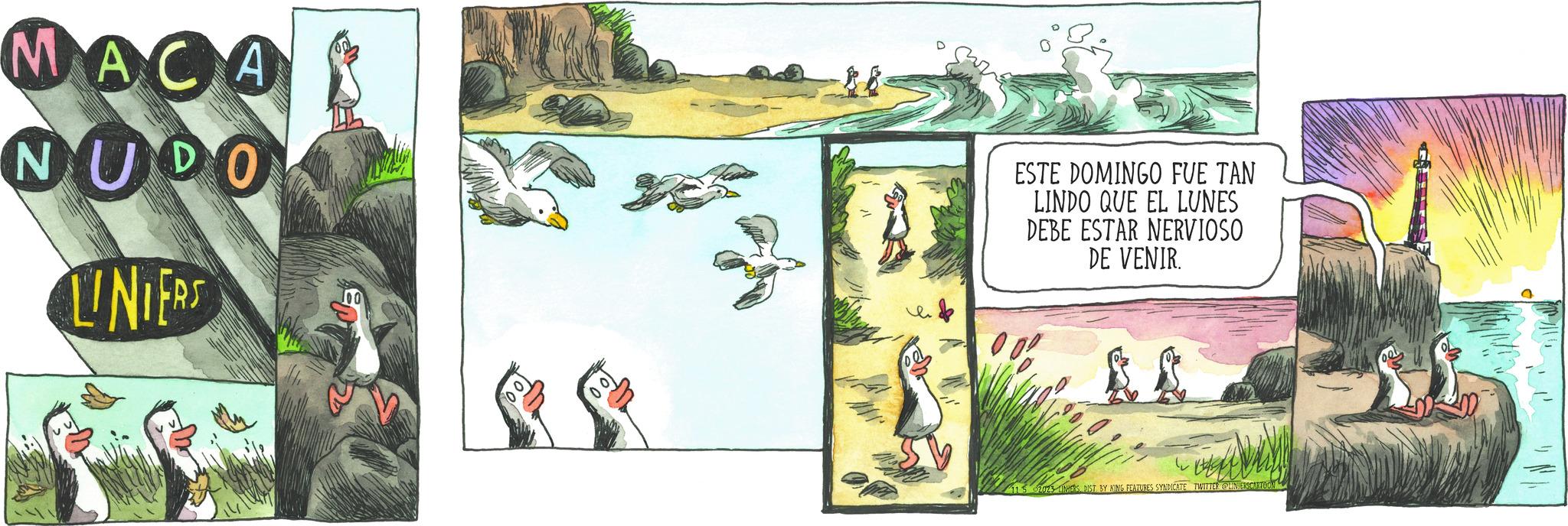 Cartoon OCR: MACA NUDO LINIERS 100 ??? ESTE DOMINGO FUE TAN LINDO QUE EL LUNES DEBE ESTAR NERVIOSO DE VENIR. 00! 115 02023-11THERS DIST BY KING FEATURES SYNDICATE TWITTER @LINIEKSCARTOON MACA NUDO LINIERS 100 ??? ESTE DOMINGO FUE TAN LINDO QUE EL LUNES DEBE ESTAR NERVIOSO DE VENIR . 00 ! 115 02023-11THERS DIST BY KING FEATURES SYNDICATE TWITTER @LINIEKSCARTOON