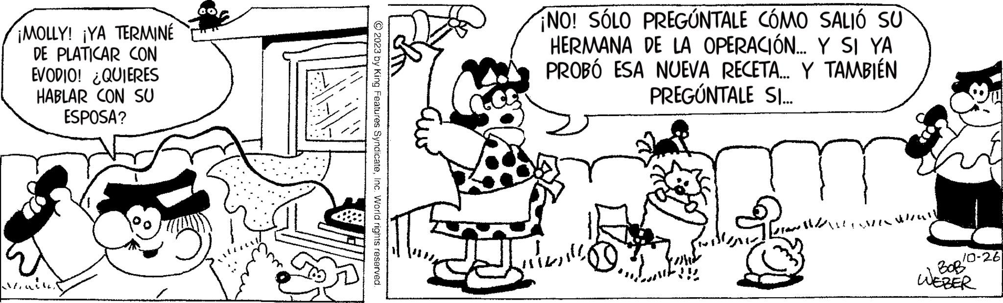 Font OCR: ¡MOLLY! ¡YA TERMINÉ DE PLATICAR CON EVODIO! ¿QUIERES HABLAR CON SU ESPOSA? Mains © 2023 by King Features SyndicateInc. World rights reserved. ¡NO! SÓLO PREGÚNTALE CÓMO SALIÓ SU HERMANA DE LA OPERACIÓN... Y SI YA PROBÓ ESA NUEVA RECETA... Y TAMBIÉN PREGÚNTALE SI... Jule ilki!!! ?? ?? ???? ?? ?? SICWHAN 10-26 BOB WEBER ¡ MOLLY ! ¡ YA TERMINÉ DE PLATICAR CON EVODIO ! ¿ QUIERES HABLAR CON SU ESPOSA ? Mains © 2023 by King Features SyndicateInc. World rights reserved . ¡ NO ! SÓLO PREGÚNTALE CÓMO SALIÓ SU HERMANA DE LA OPERACIÓN ... Y SI YA PROBÓ ESA NUEVA RECETA ... Y TAMBIÉN PREGÚNTALE SI ... Jule ilki !!! ?? ?? ???? ?? ?? SICWHAN 10-26 BOB WEBER