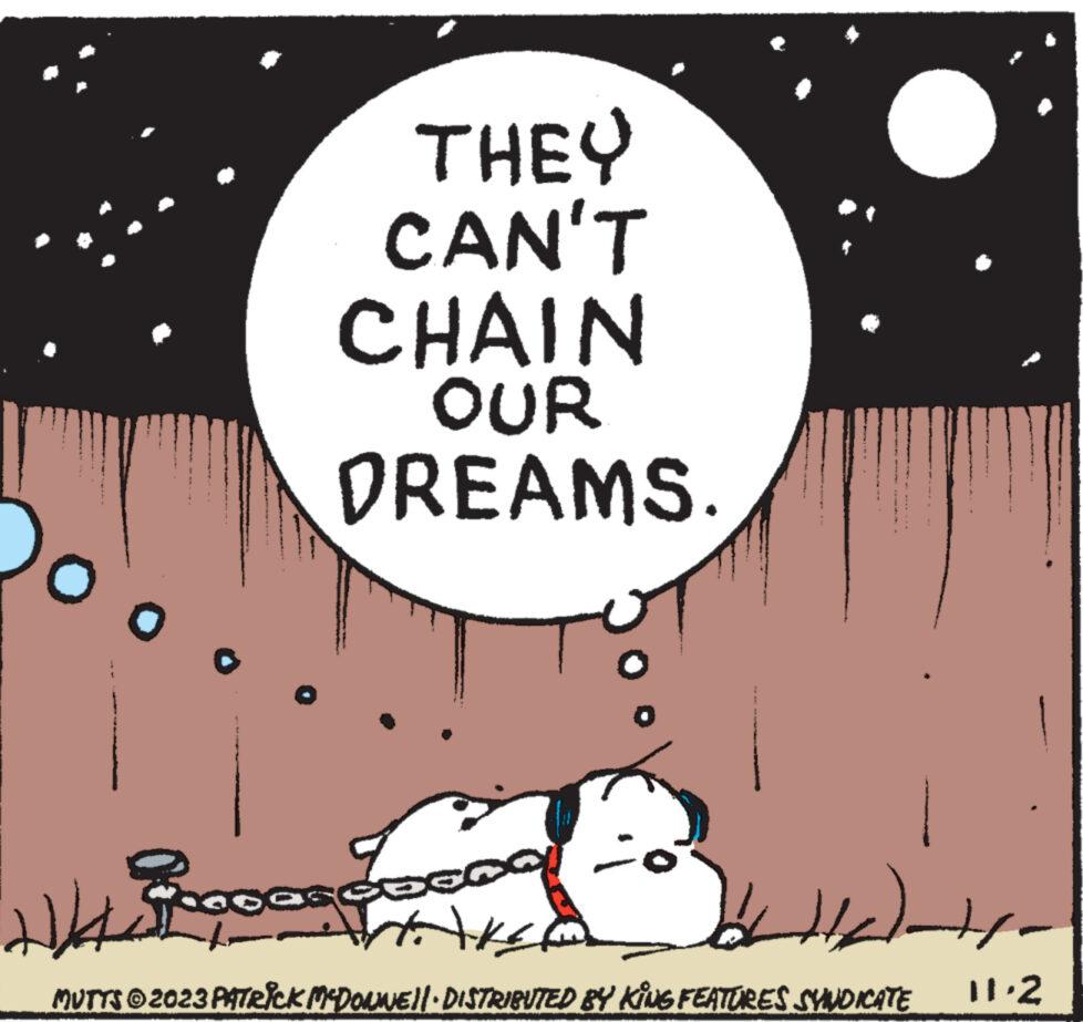 Event OCR: o`o 1 ????? 1 THEY CAN'T CHAIN OUR DREAMS : WAKED MUTTS © 2023 PATRICK MCDOUNE!! · DISTRIBUTED BY KING FEATURES SYNDICATE 11.2 o`o 1 ????? 1 THEY CAN'T CHAIN OUR DREAMS : WAKED MUTTS © 2023 PATRICK MCDOUNE !! · DISTRIBUTED BY KING FEATURES SYNDICATE 11.2