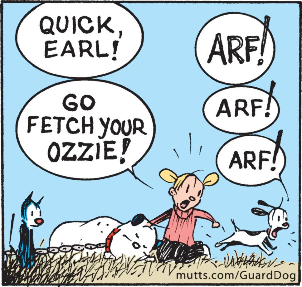 Interaction OCR: QUICK EARL! 1 GO FETCH YOUR OZZIE! WA TV ARF! ARF! ARF! mutts.com/Guard Dog QUICK EARL ! 1 GO FETCH YOUR OZZIE ! WA TV ARF ! ARF ! ARF ! mutts.com/Guard Dog