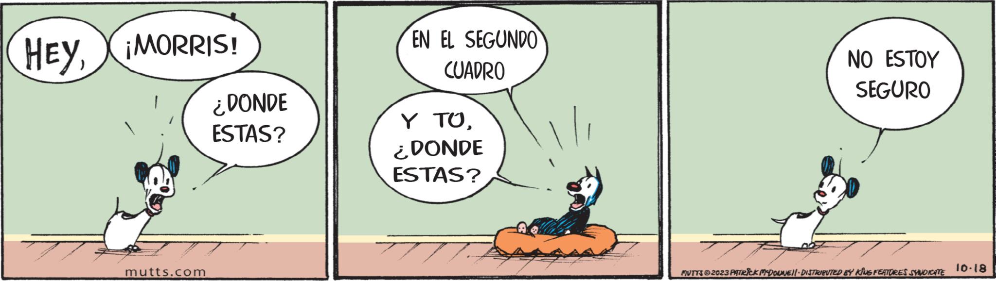 Font OCR: HEY¡MORRIS! mutts.com ¿DONDE ESTAS? EN EL SEGUNDO CUADRO Y TO¿DONDE ESTAS? TI: NO ESTOY SEGURO MUTTS © 2023 PATRICK MCDONNE!!· DISTRIBUTED BY KING FEATURES SYNDICATE 10-18 HEY¡ MORRIS ! mutts.com ¿ DONDE ESTAS ? EN EL SEGUNDO CUADRO Y TO¿ DONDE ESTAS ? TI : NO ESTOY SEGURO MUTTS © 2023 PATRICK MCDONNE !! · DISTRIBUTED BY KING FEATURES SYNDICATE 10-18