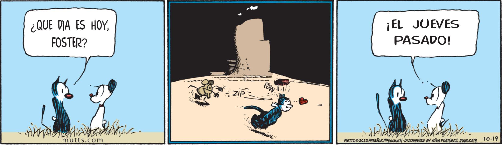 Graphics OCR: ¿QUE DIA ES HOYFOSTER? HAHA. mutts.com ZIP: VANE Powini 77777 ¡EL JUEVES PASADO! Inv. MUTTS2023 PATRICK MYDOWWE DISTRIBUTED BY KINS FEATURES SYNDICATE 10.19 ¿ QUE DIA ES HOYFOSTER ? HAHA . mutts.com ZIP : VANE Powini 77777 ¡ EL JUEVES PASADO ! Inv . MUTTS2023 PATRICK MYDOWWE DISTRIBUTED BY KINS FEATURES SYNDICATE 10.19