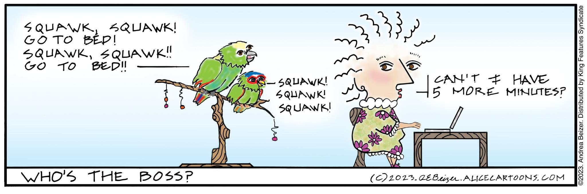 Line OCR: SQUAWKSQUAWK! GO TO BED! SQUAWKSQUAWK!! GO TO BED!! WHO'S THE BOSS? •SQUAWK! SQUAWK! SQUAWK! ??? ???? UNI wir CAN'T HAVE SAMORE MINUTES? (c) 2023.QEBeizer. ALICE CARTOONS.COM ?2023. Andrea Beizer. Distributed by King Features Syndicate SQUAWKSQUAWK ! GO TO BED ! SQUAWKSQUAWK !! GO TO BED !! WHO'S THE BOSS ? • SQUAWK ! SQUAWK ! SQUAWK ! ??? ???? UNI wir CAN'T HAVE SAMORE MINUTES ? ( c ) 2023.QEBeizer . ALICE CARTOONS.COM ?2023 . Andrea Beizer . Distributed by King Features Syndicate